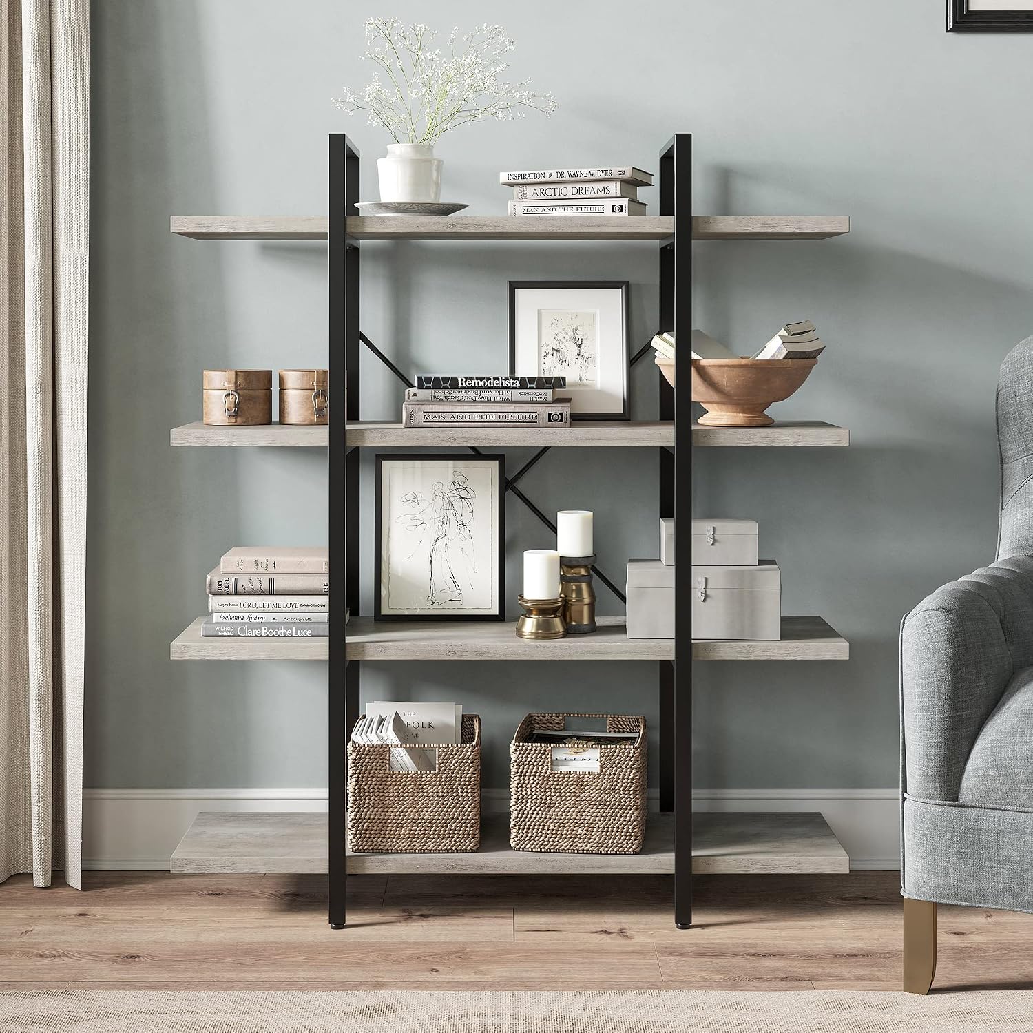 BELLEZE 4 Tier Modern Rustic Industrial Bookshelf, Open Wide Office Etagere Book Shelf