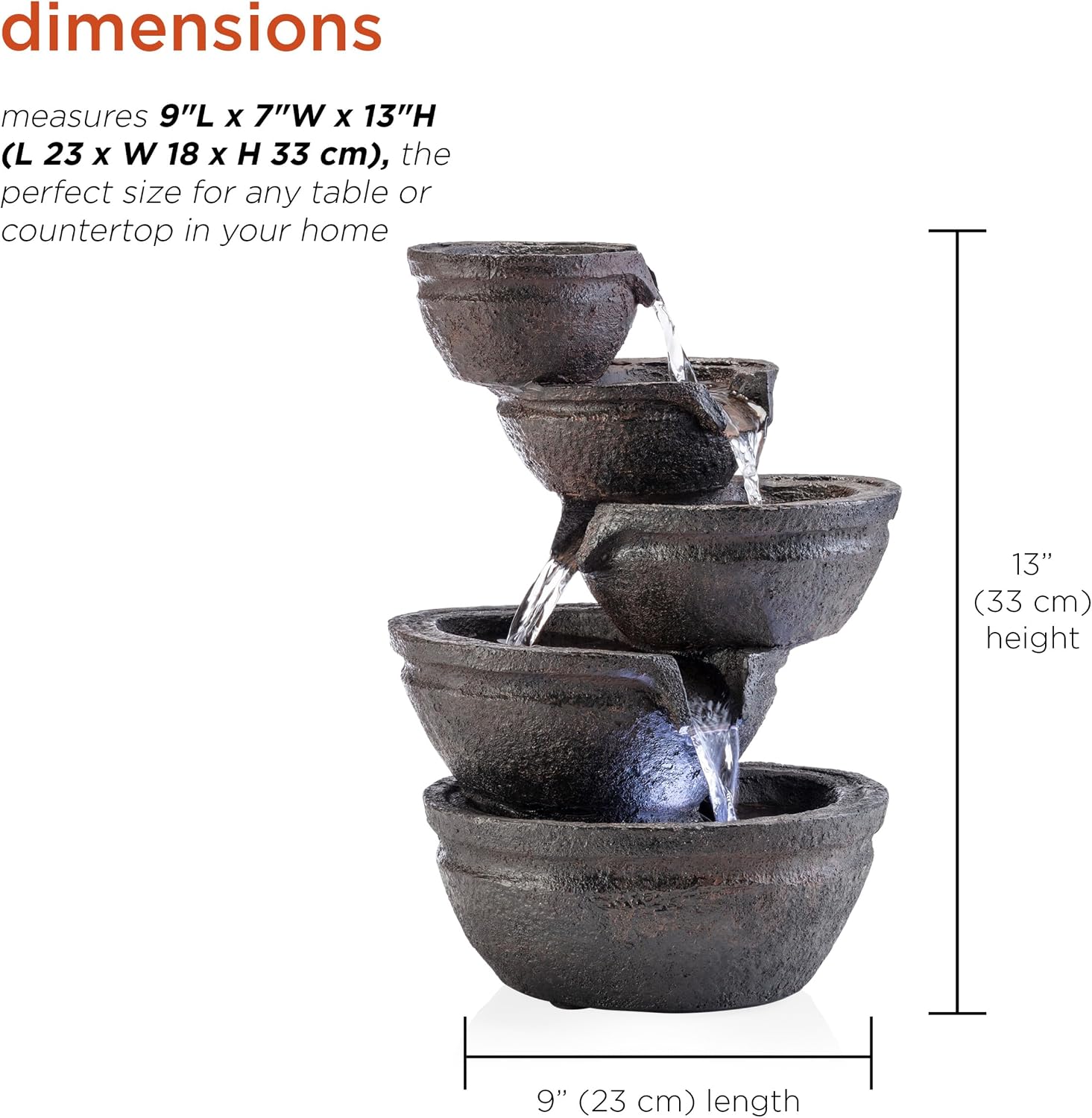 Alpine Corporation WIN1138 13" Indoor Tabletop Tiering Bowls Water Fountain with LED Lights – Cascading Water Feature for Home, Office, Meditation, and Relaxation, Dark Gray