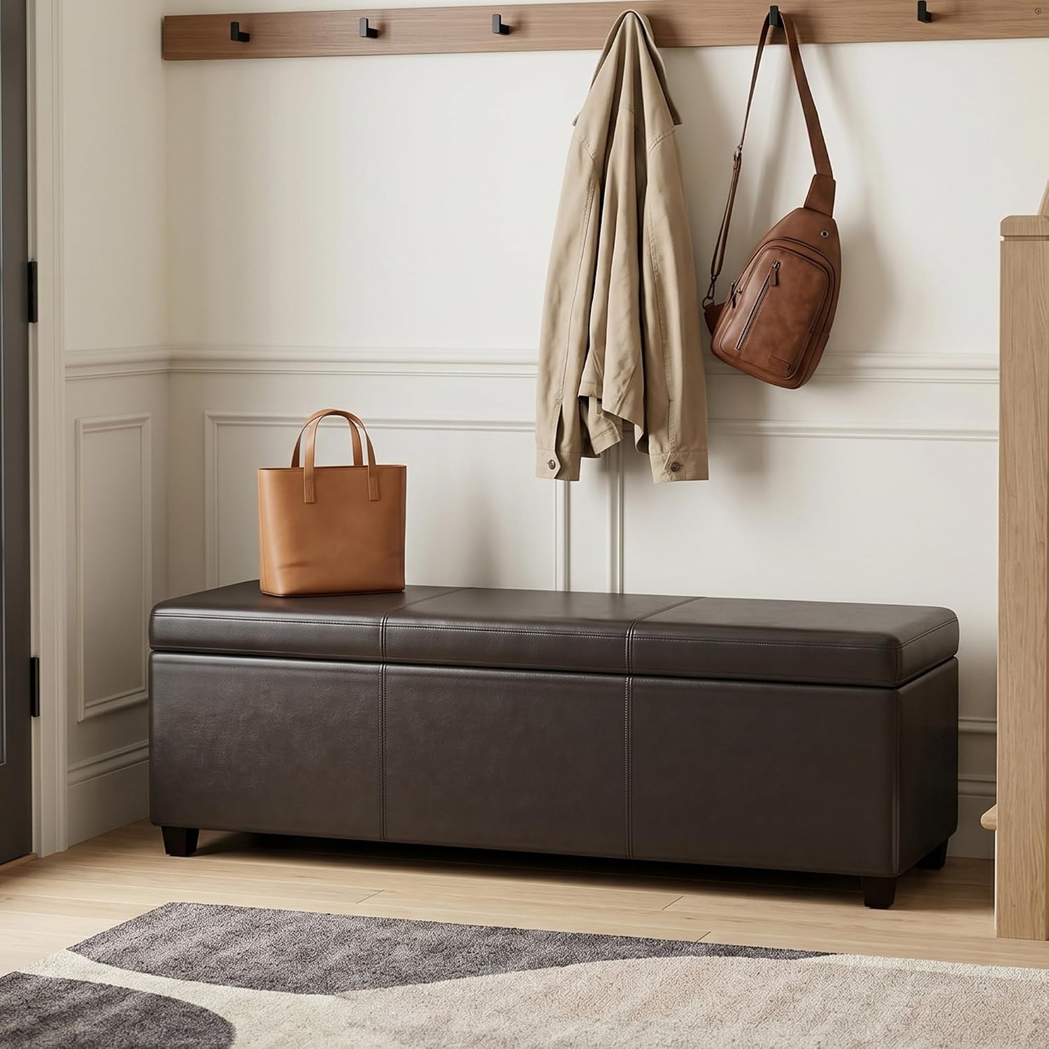 SIMPLIHOME Avalon 48" Wide Vegan Leather Storage Ottoman in Brown