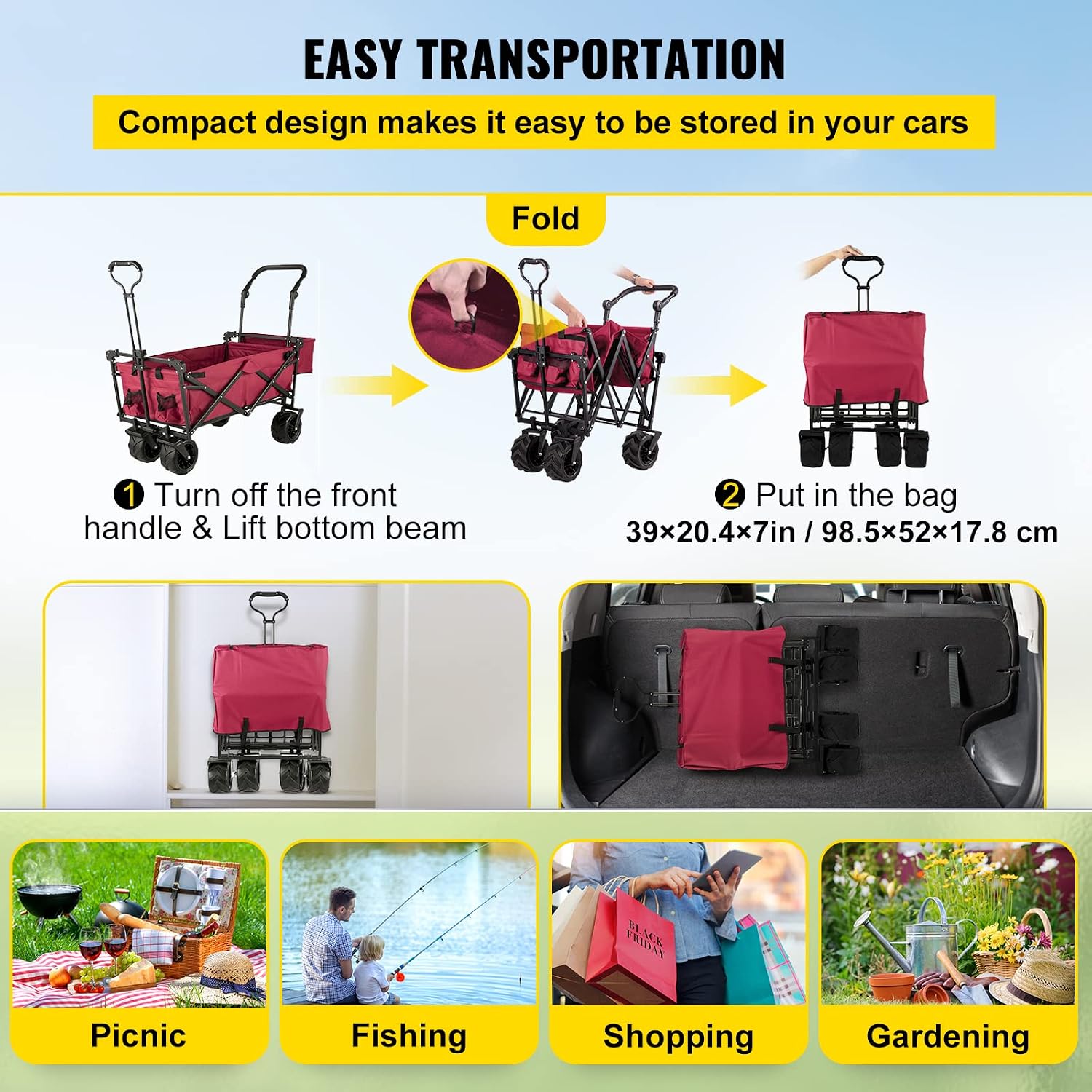 Happbuy Collapsible Wagon with Removable Canopy, 220lbs Heavy Duty Foldable Beach Wagon with Big Wheels