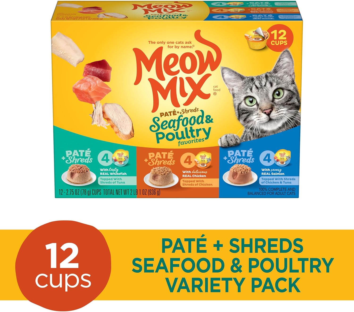 Meow Mix Paté & Shreds Wet Cat Food Variety Pack, Seafood & Poultry Favorites, 2.75 Ounce Cup (Pack of 12)