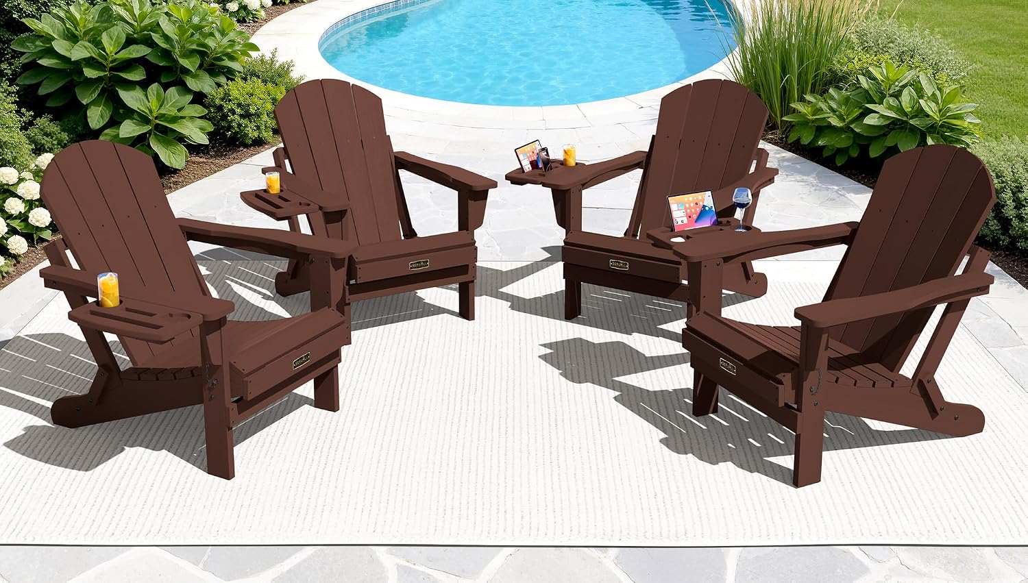 SERWALL Folding Adirondack Chairs with Cup Holder, Outdoor Fire Pit - Blue