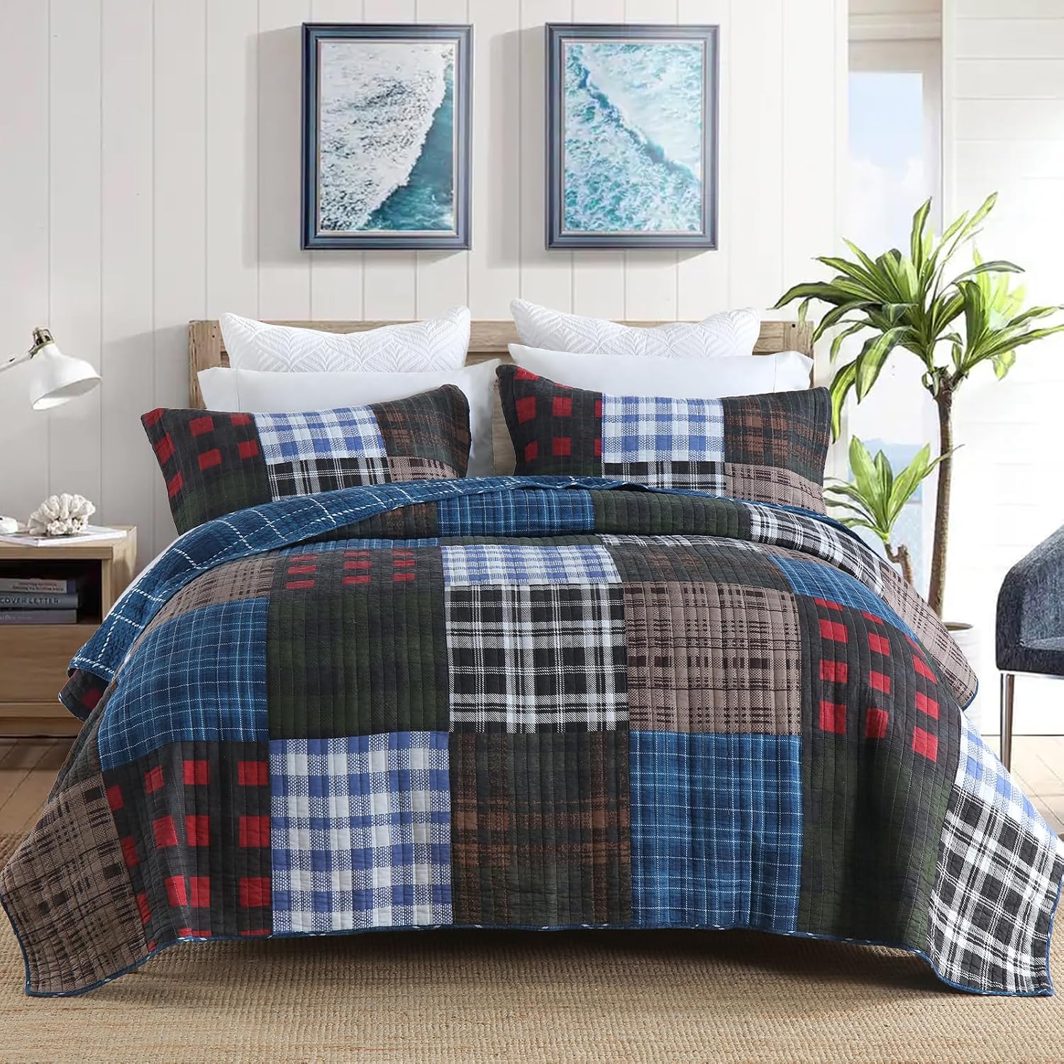 Striped Classical Cotton 3-Piece Patchwork Bedspread Quilt Sets, King Size