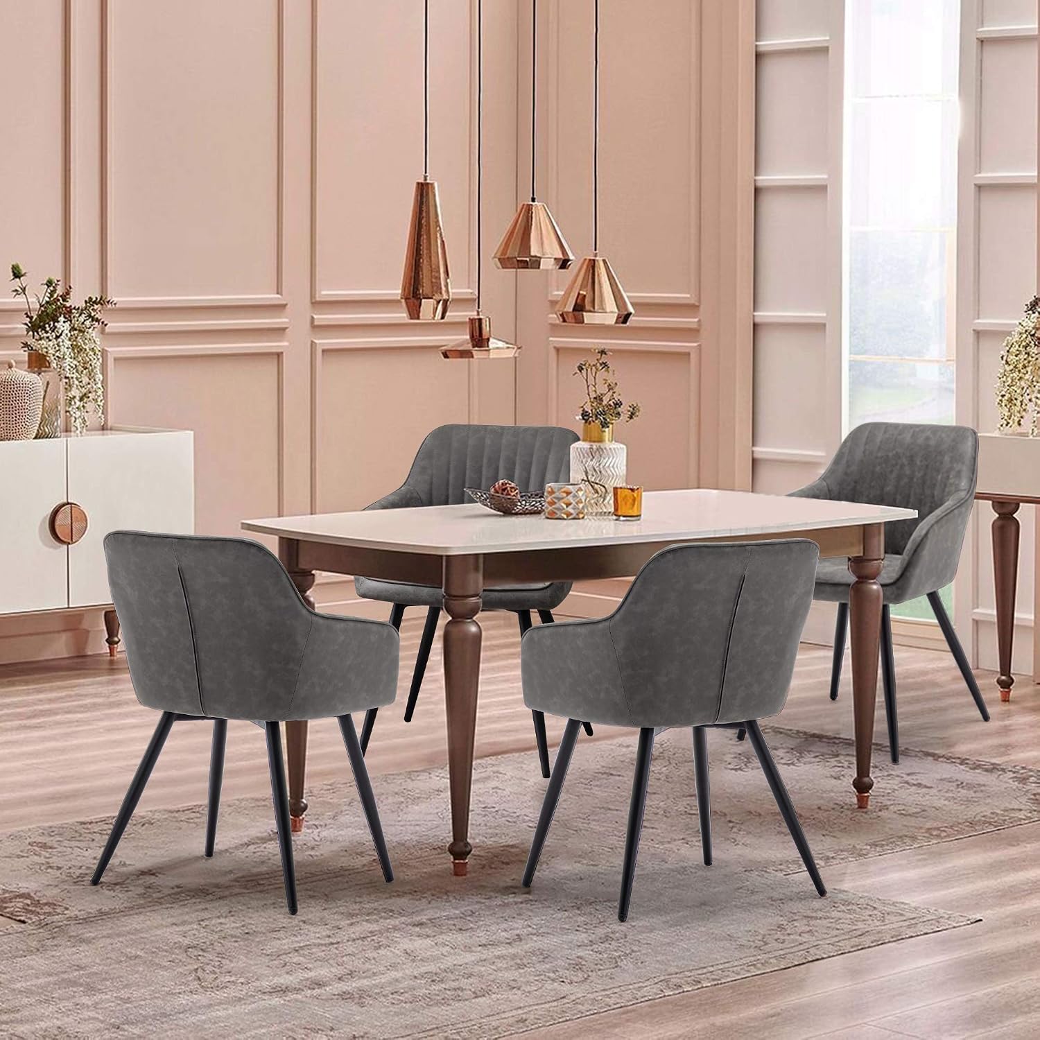 annjoe Faux Leather Accent Arm Chairs for Living Room Leisures/ Upholstered Chair with Metal Legs Set of 2 for Home Kitchen Office Bistro Cafe, Brown