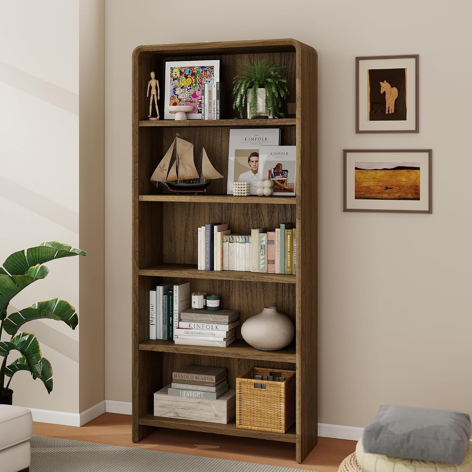 Bevfint 44" Bookcase Tall 3 Shelves Wood Bookshelf with Curved Soft Edges, Heavy Duty Storage Cabinet for Professional Home Office and Living Room, Modern Natural Oak Grain Finish