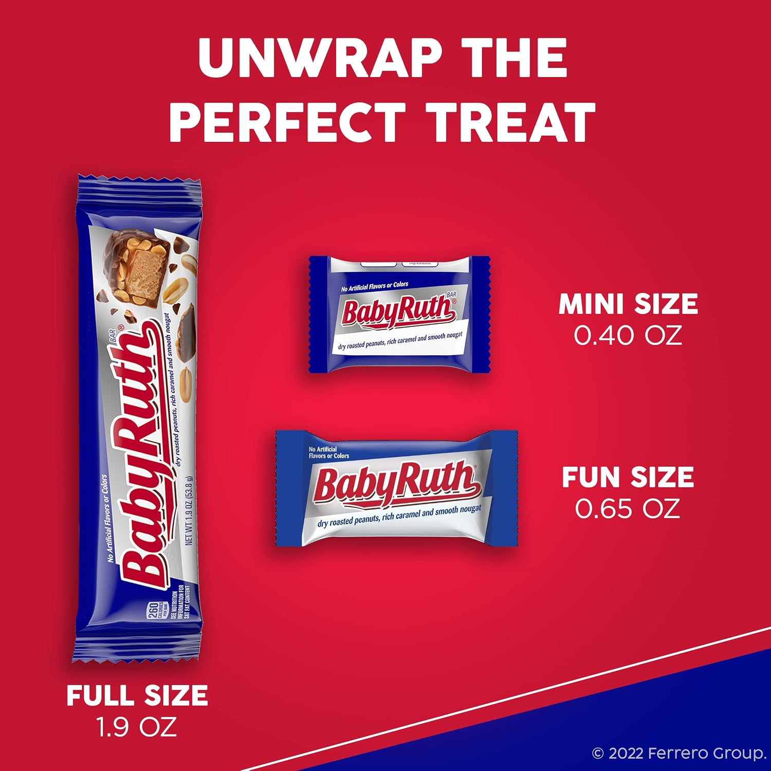 Baby Ruth, Chocolatey, Peanut, Caramel, Nougat, Full Size Individually Wrapped Candy Bars, 1.9 oz each, Bulk 24 Pack