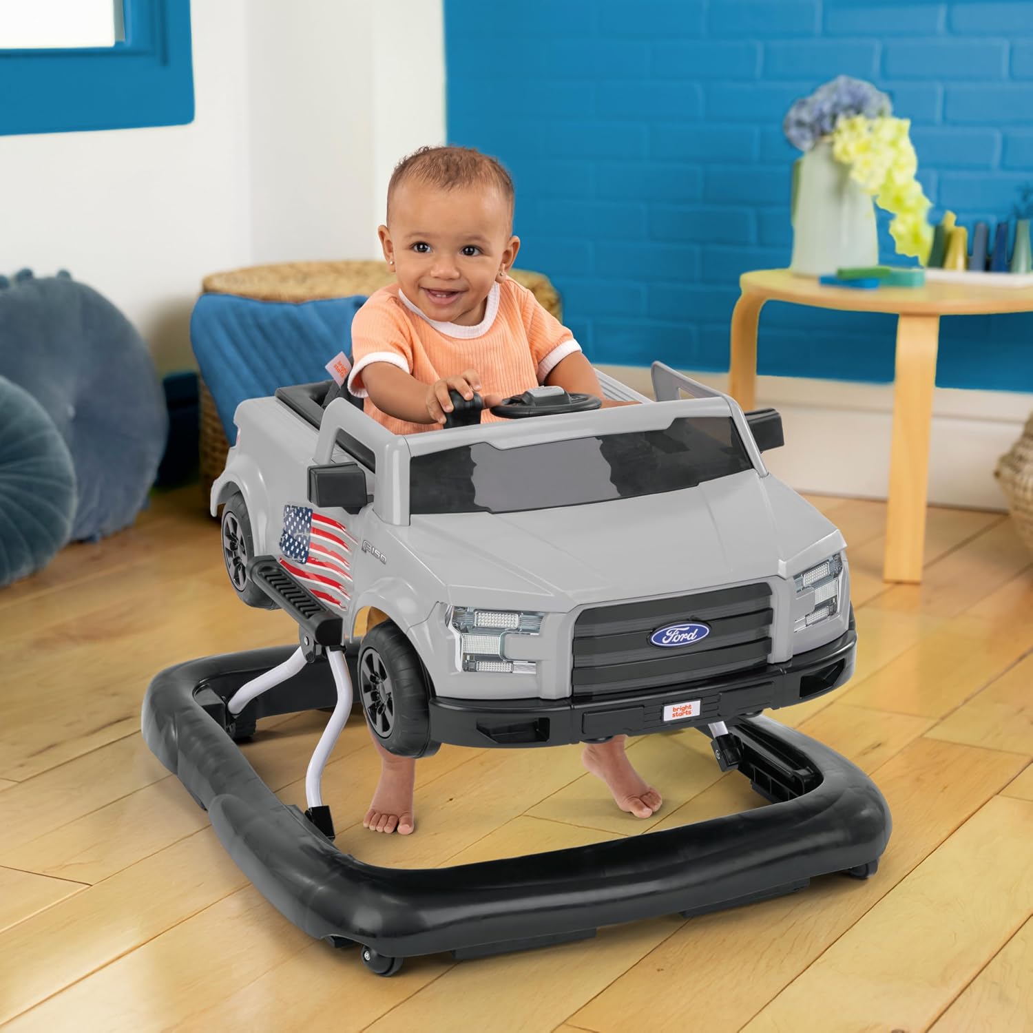 Bright Starts Ford Mustang 4-in-1 Pink Baby Activity Center & Push Walker with Removable Interactive Steering Wheel -Toy, 6 Months and up