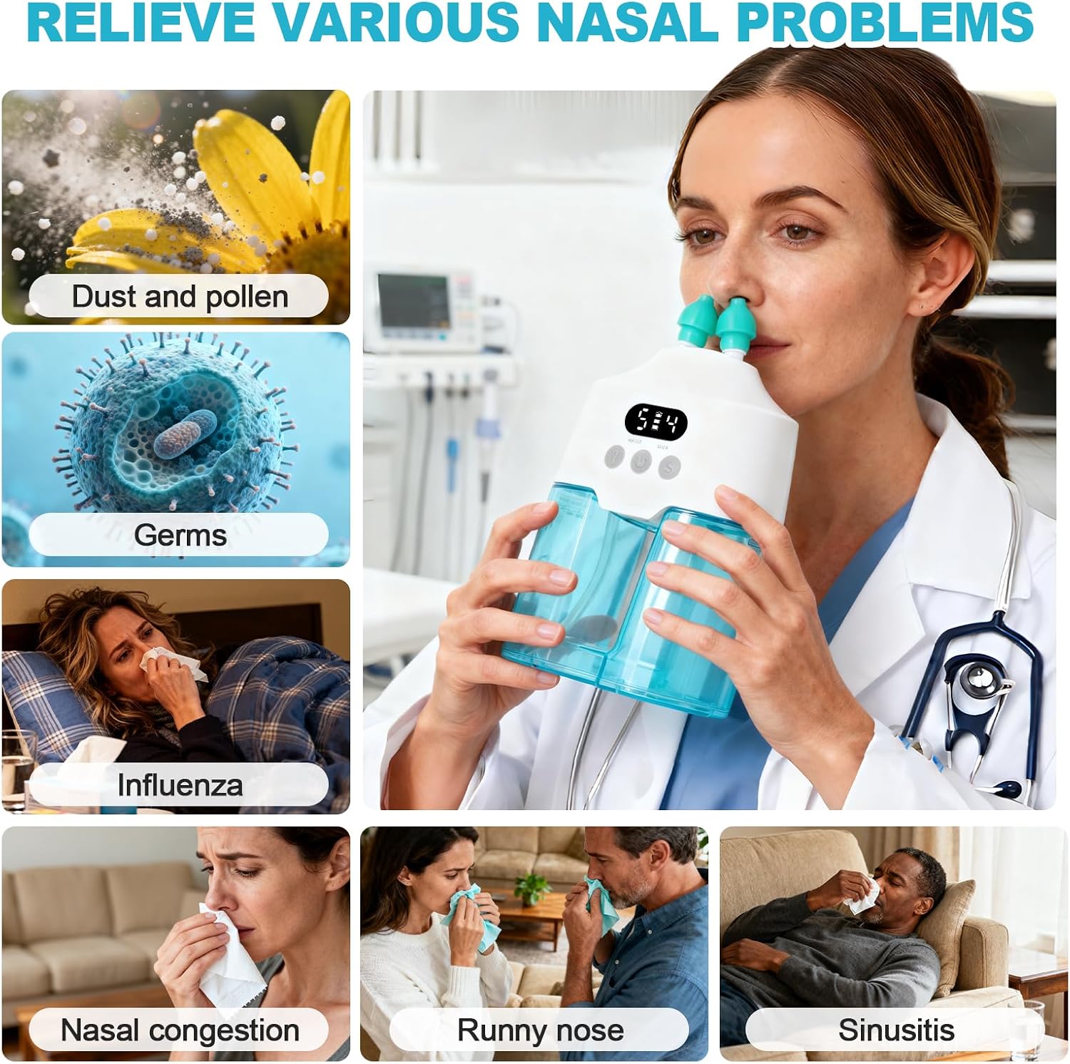 Nasal Irrigation System Electric Nasal Irrigator Smart Display Nasal Sinus Rinse Machine | Dual Water Tanks 9 Suction & Water Flow Modes