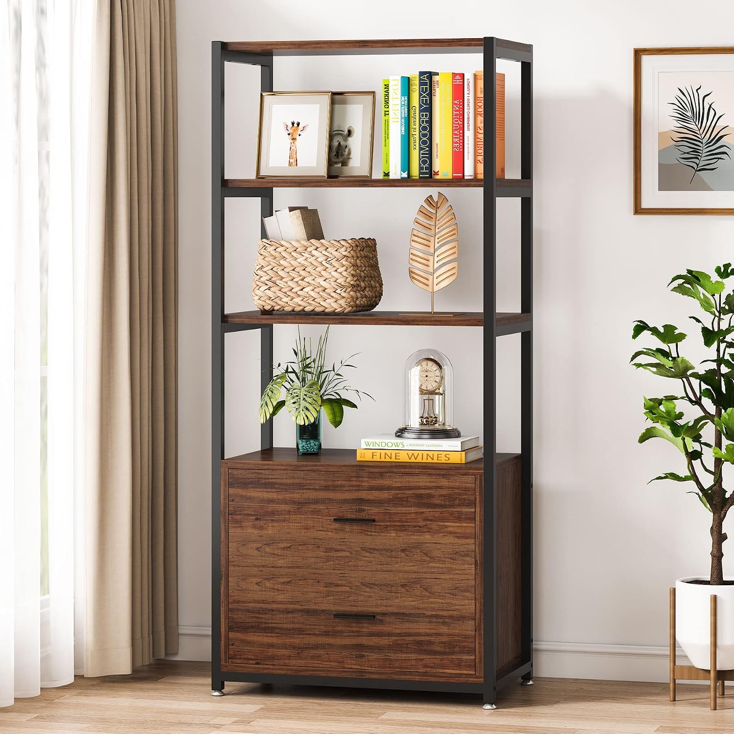 Tribesigns 4-Tier Bookcase Bookshelf with 2 Drawers (Rustic)