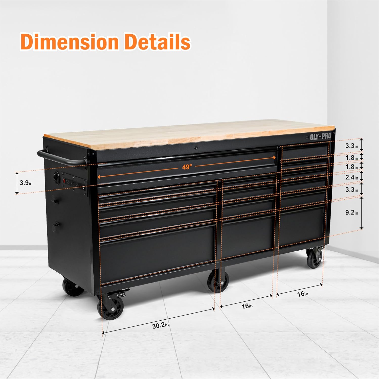 Olympia Tools 72 inch Heavy Duty Mobile Tool Chest Tool Box, with Solid Wood Top Workbench, 15-Drawer Rolling Tool Chest, Tool Storage Organizer for Garage, Workshop, and Home, Black