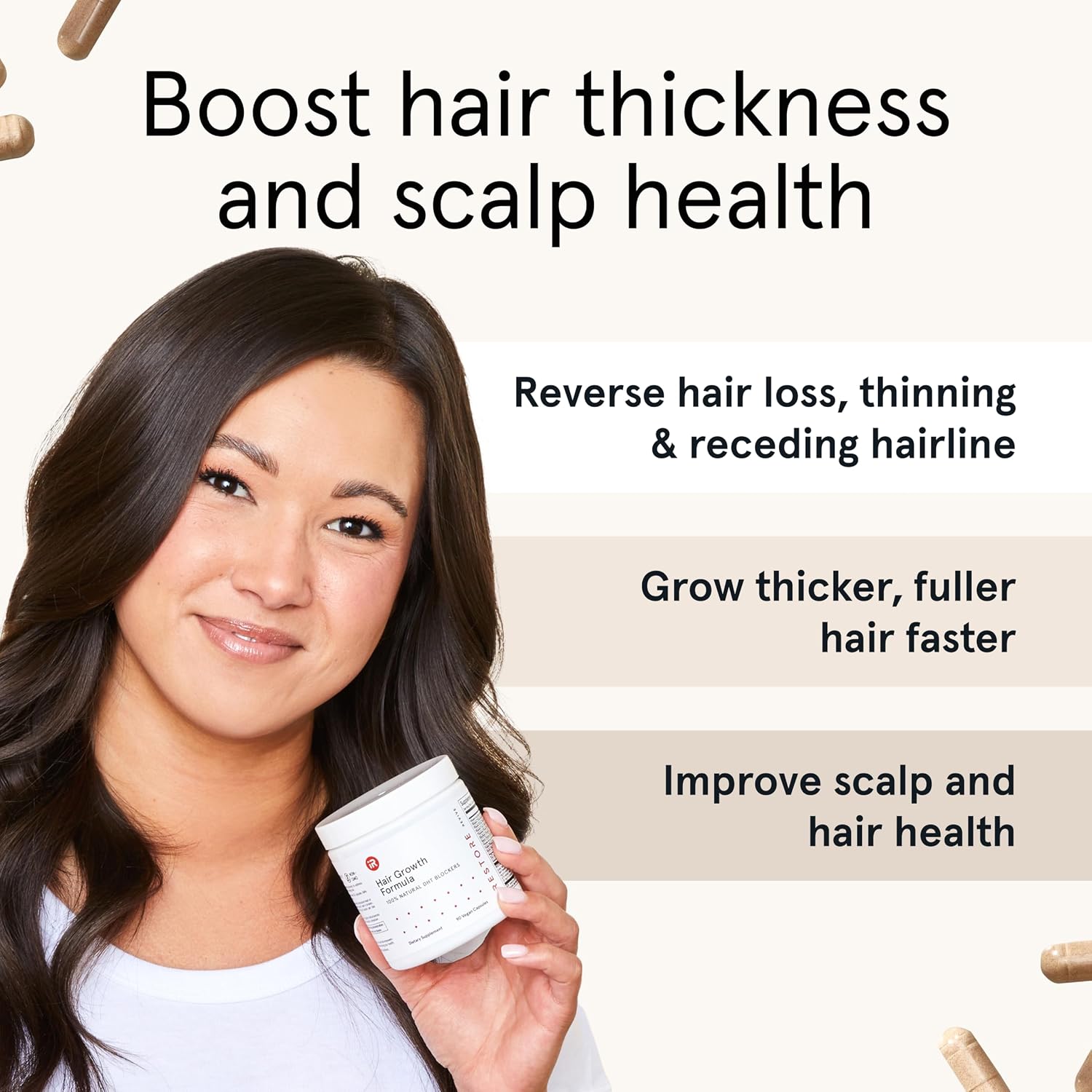 iRestore Max Growth Bundle includes our Hair Growth Formula Supplement, Growth Activator Serum, Thickening Shampoo