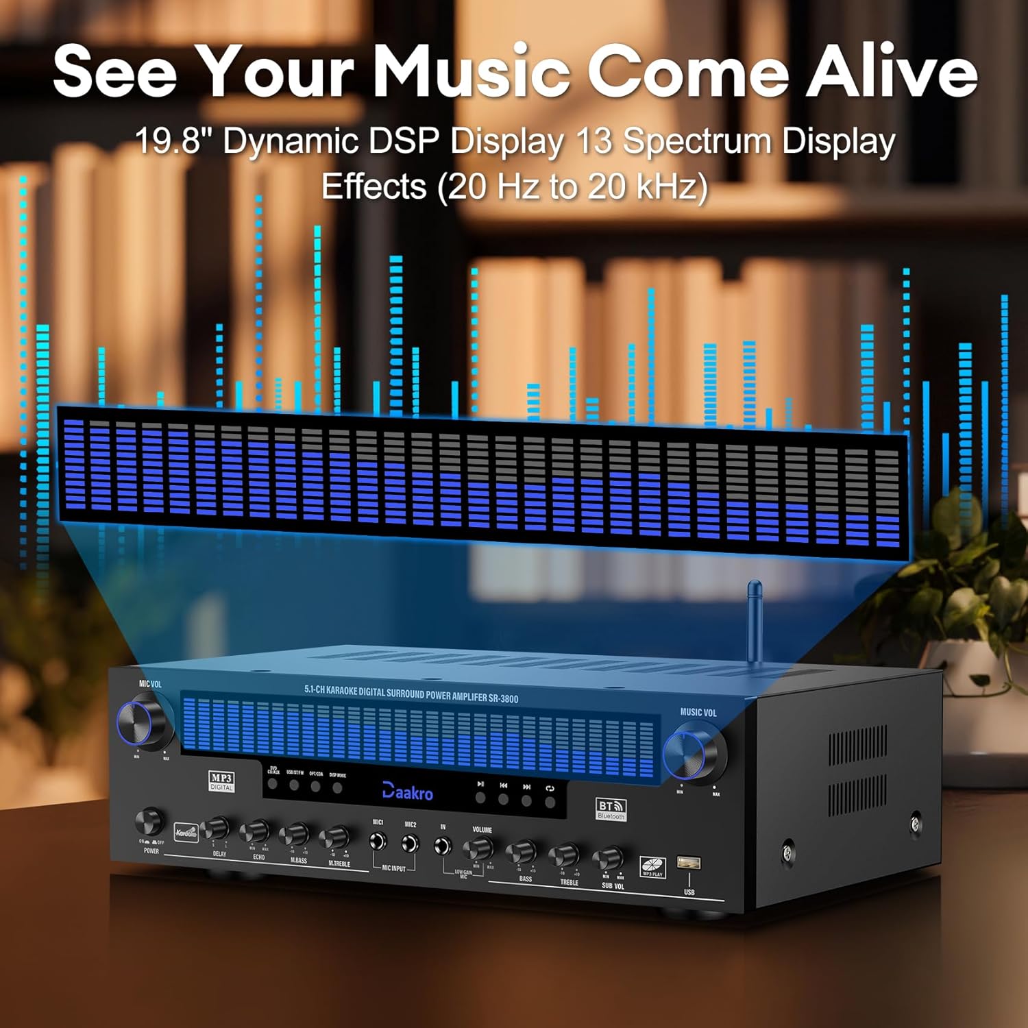 Daakro Stereo Receivers Home Audio Amplifier w/DSP Display, 300W Rated Power 5.1 Channel Bluetooth Receiver