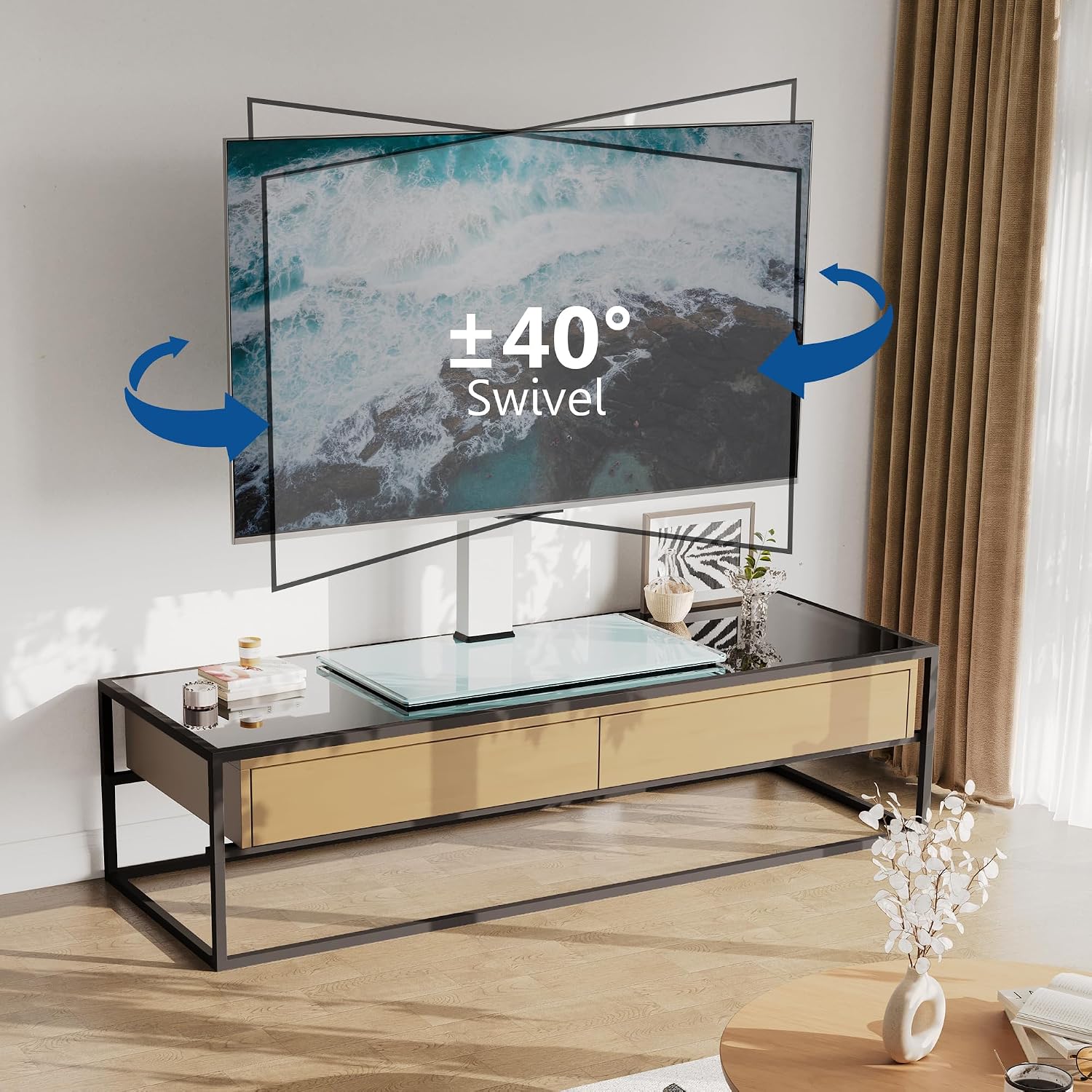 FITUEYES Universal TV Stand with Swivel Mount for 50-85 inch Flat Screens - Height Adjustable Tempered Glass Base Holds up to 143 lbs
