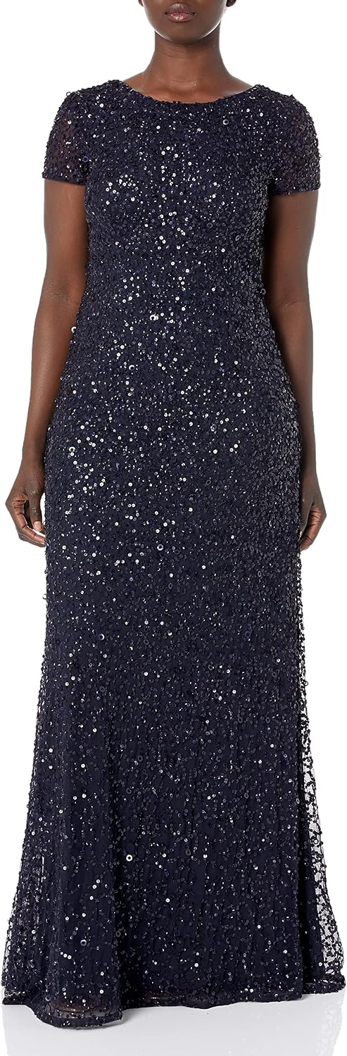 Adrianna Papell Womens Short-Sleeve All Over Sequin Gown