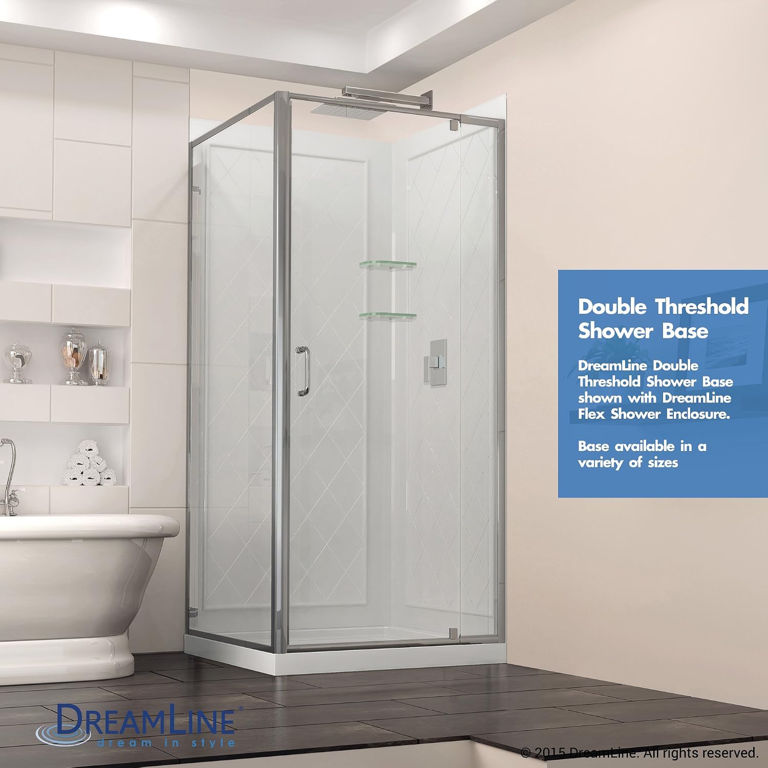 DreamLine SlimLine 34 in. D x 48 in. W x 2 3/4 in. H Right Drain Double Threshold Shower Base in White, DLT-1034482