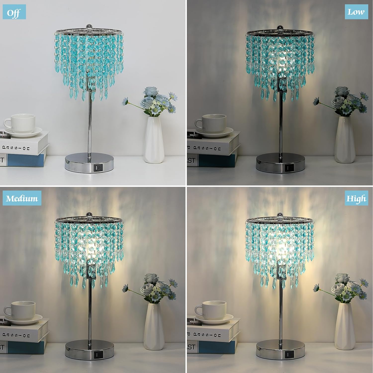 Touch Control Crystal Table Lamp with USB C+A Charging Ports, 3-Way Dimmable Bedside Touch Lamp Decorative Nightstand Lamp with Elegant Lampshade for Living Room Bedroom, B11 LED Bulb Included