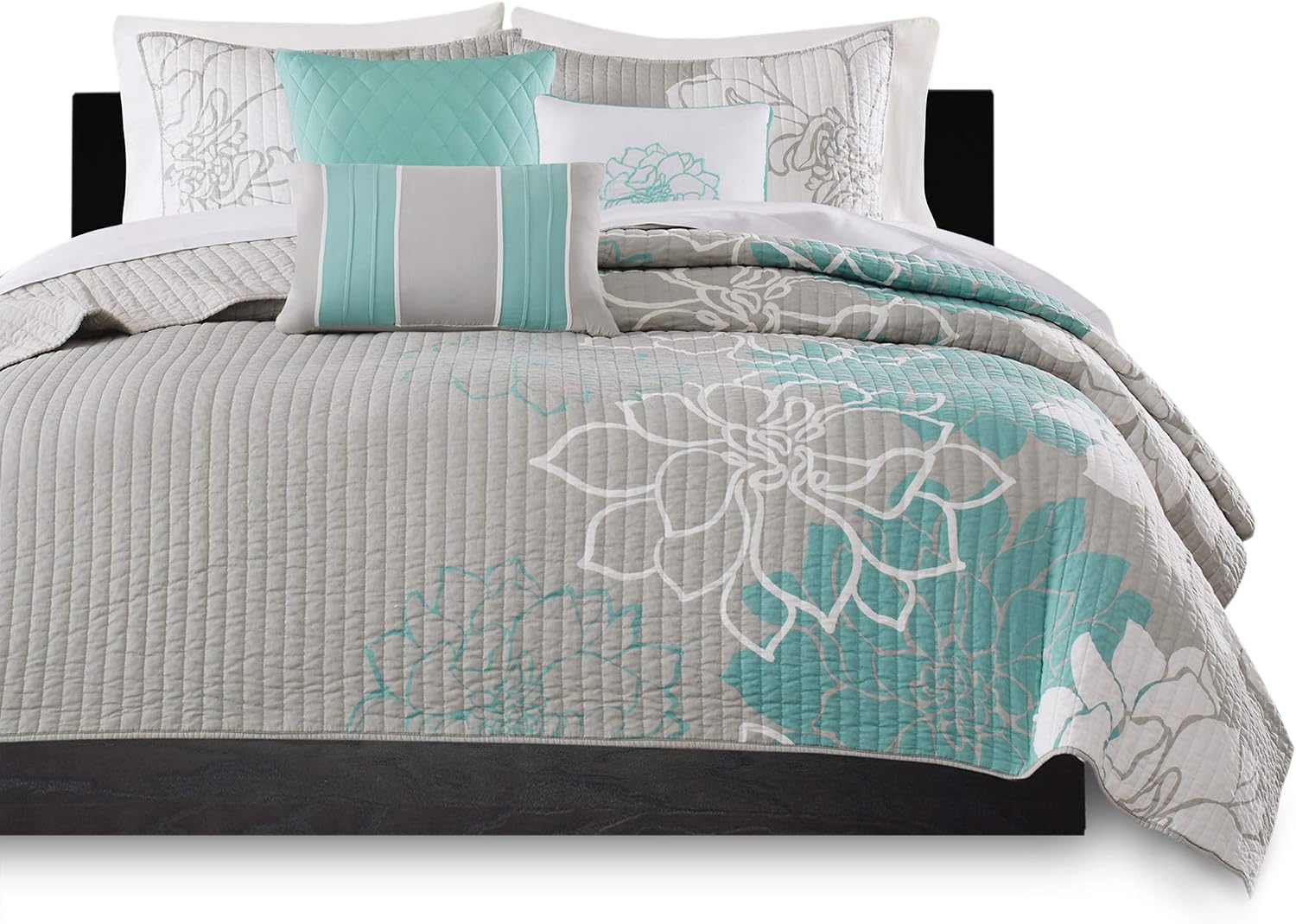 Madison Park Cotton Casual Floral Quilt Set, 6PC Full/Queen Coverlet | Channel Stitching Design, All Season, Lightweight Coverlet Bedspread Bedding, Shams, Decorative Pillows, Taupe Grey/Purple