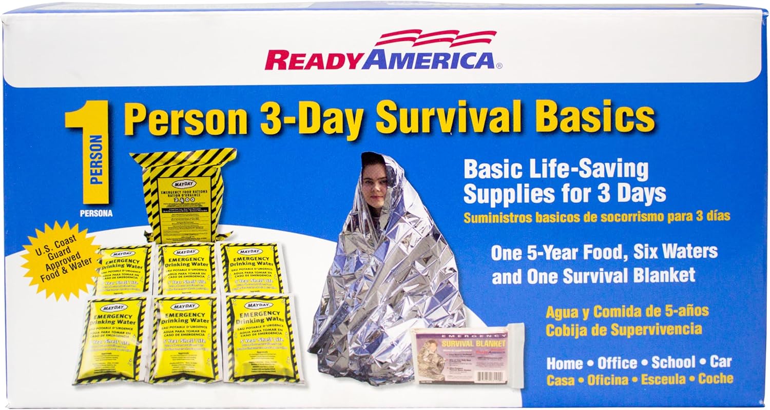 Ready America 3000, 1-Person 3-Day Survival Box, Food Water Blanket | 2400 Calorie Food Bar, Water Pouches, Emergency Blanket, Heat-Retaining Shelter