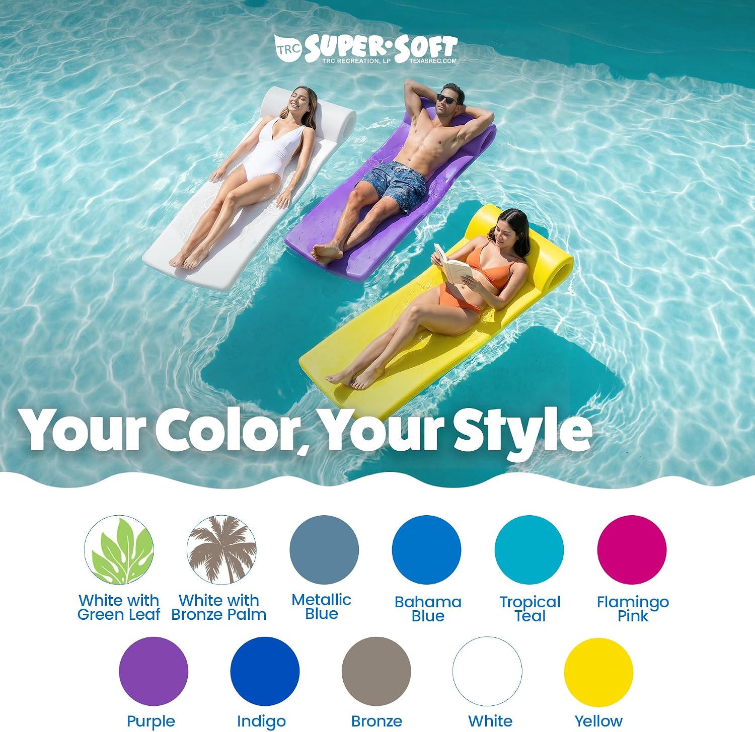 TRC Recreation Sunsation 1.75" Thick Foam Pool Float Lounger w/ Headrest for Lounging & Sunbathing in Swimming Pools, Beaches & Lakes, 70" x 26