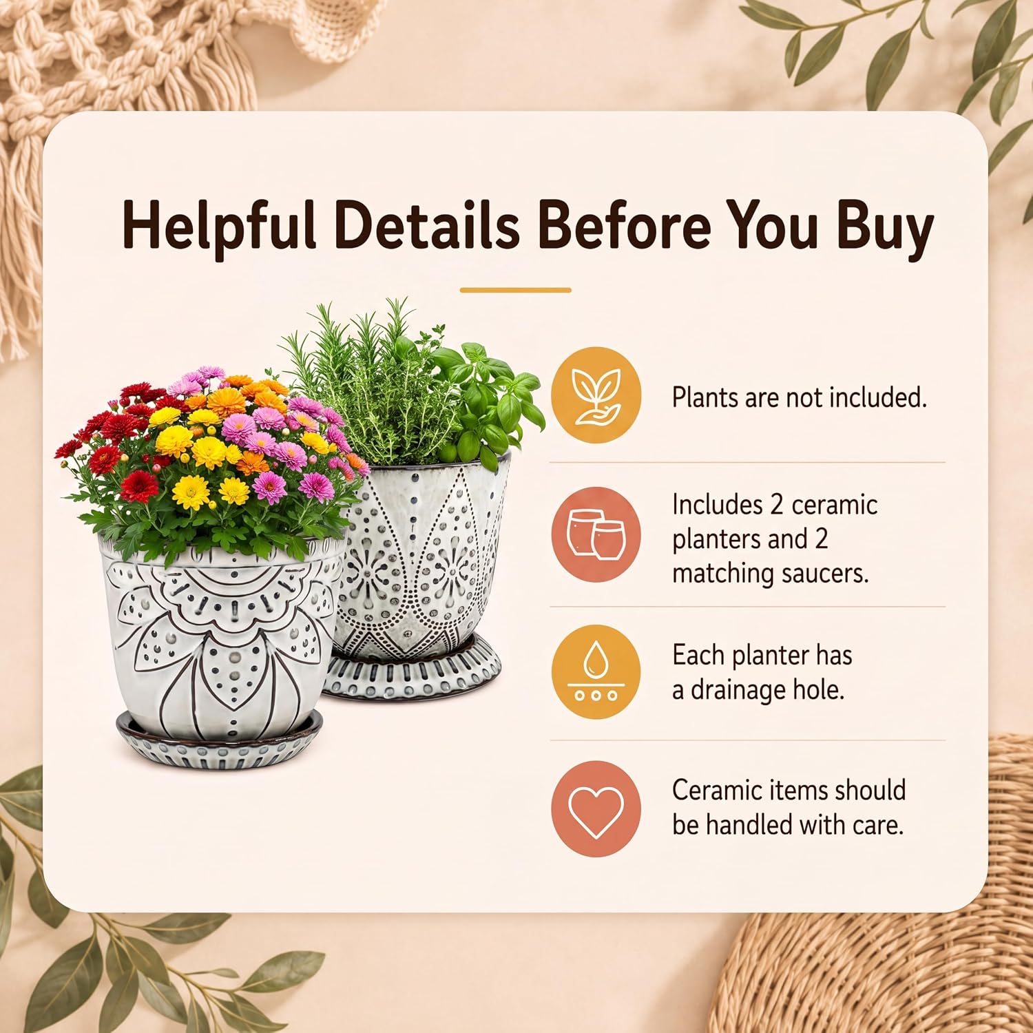 Gepege Ceramic Plant Pots, 6 Inch Indoor Planters with Drainage & Saucers