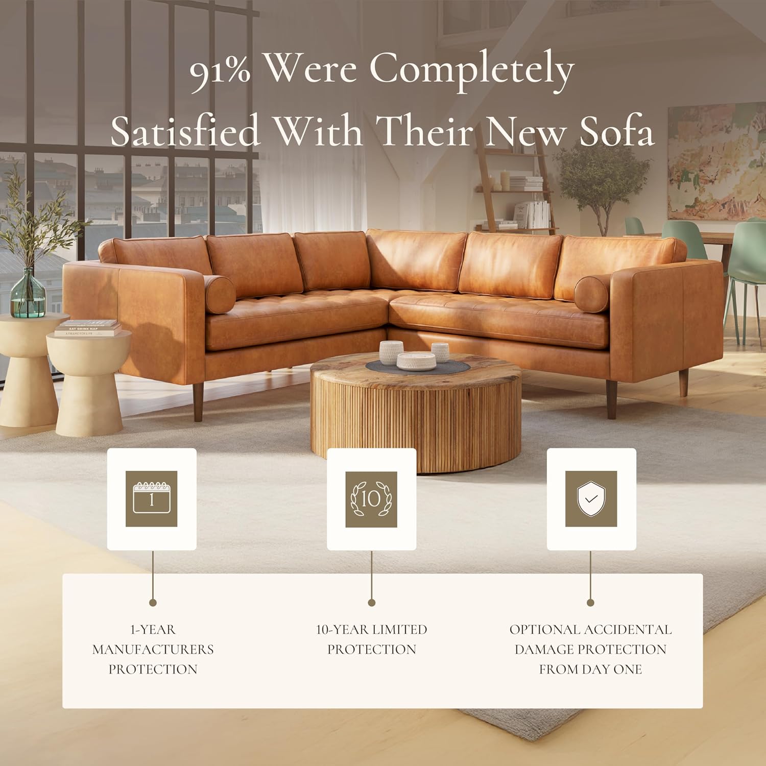 Poly & BARK 55" Tufted Leather Bed Bench for Bedroom End of Bed - Living Room Entry Way Bench - Pure Italian Leather Upholstery with a Solid Wood Frame - Ottoman Bench with Wooden Legs - Cognac Tan