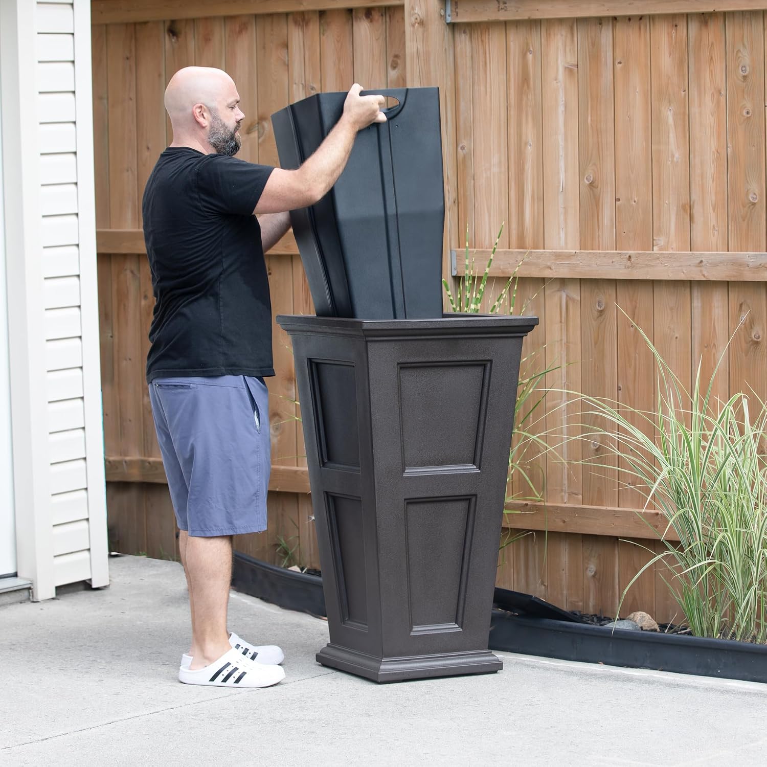 Mayne Fairfield 40in Tall Square Waste Bin with Liner, Espresso | Fade resistant, All season, Removable Liner and Lid, 15-year warranty