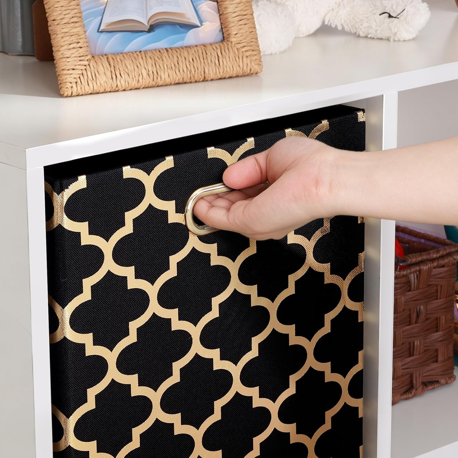 Posprica Storage Bins, Storage Cubes,13×13 Fabric Drawers Organizer Basket Boxes Containers (13×13×13/4pcs, Cream/gold geometry Pattern)