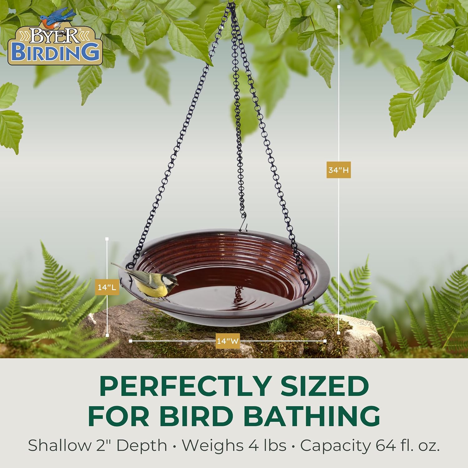 BYER OF MAINE Circles Hanging Bird Bath, Porcelain, Glaze Finish, Adjustable Chain, Sandy Granite, 14”x14”x34” adj