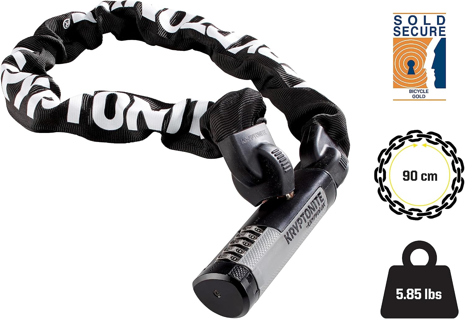 Kryptonite Kryptolok 990 Combo Bike Chain Lock, 3 Feet Long Heavy Duty Anti-Theft Sold Secure Gold Bicycle Chain Lock