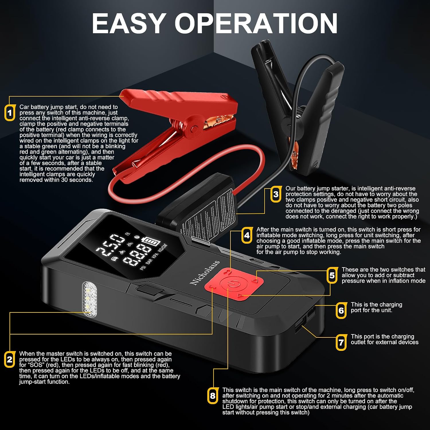 12 V Car 8000 mAh Battery Jump Starter 2800A with 150psI Air Compressor, Compact and Practical Edition QB08L Safe Smart