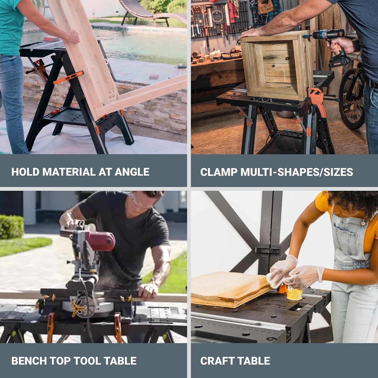WORX Portable Folding Workbench, 2-in-1 Pegasus Table & Sawhorse, WX051 | 31"×25"×32" dimension, heavy load capacity, fast setup, includes 2 clamps & 4 clamp dogs, lightweight portable design