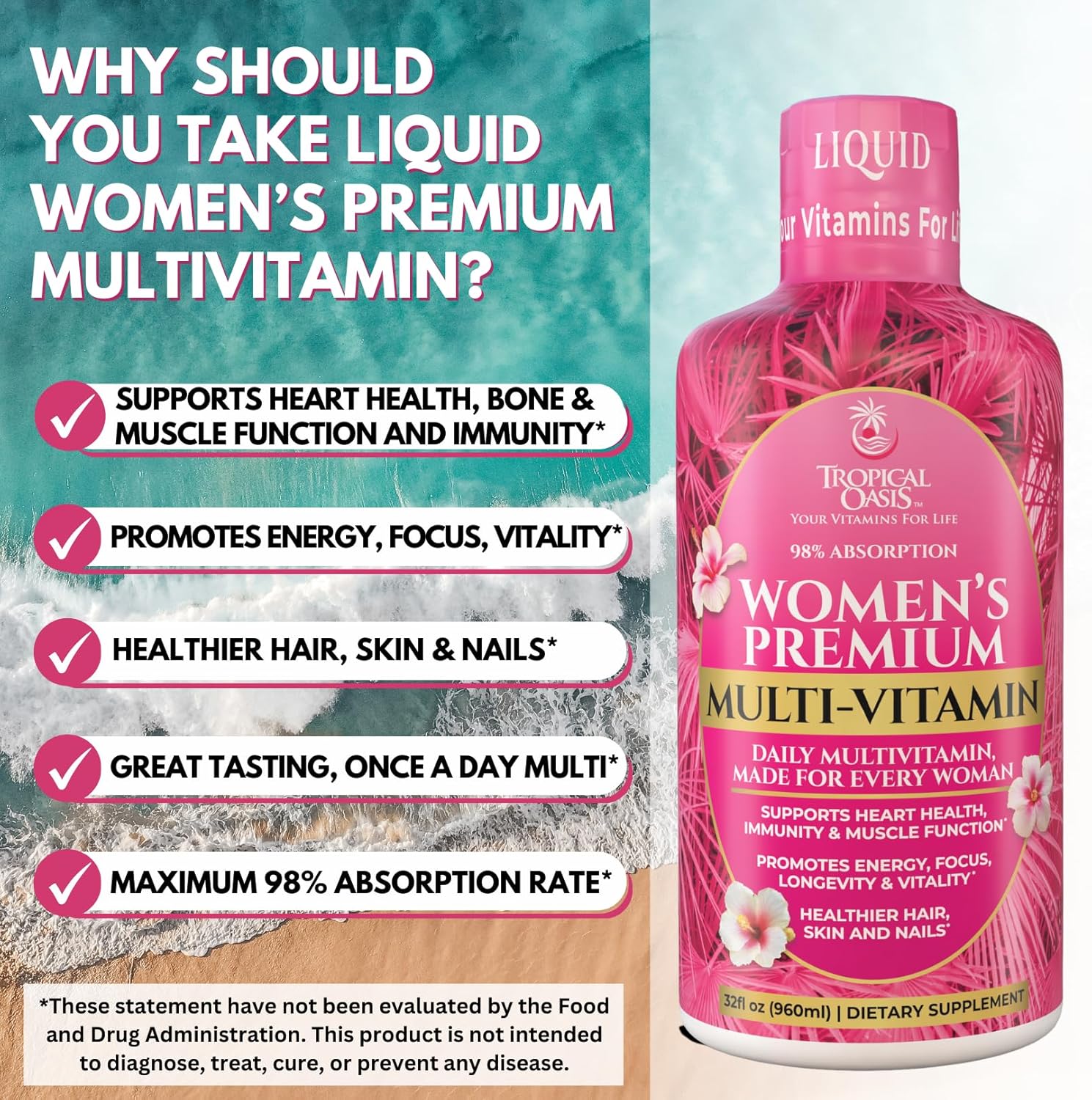 Premium Liquid Multivitamin for Women | Sugar Free Women’s Multivitamin | 100+ Vitamins, Minerals & Herbs Promote Anti-Aging, Heart, Brain & Bone Health |98% Absorption Rate | Non-GMO | 32 Serv