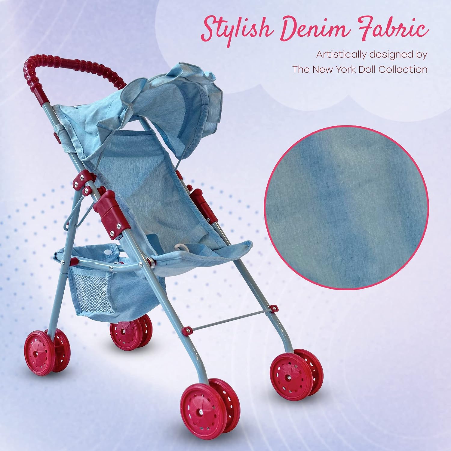 The New York Doll Collection My First Doll Stroller with Basket & Heart Design Foldable Doll Stroller, Pink