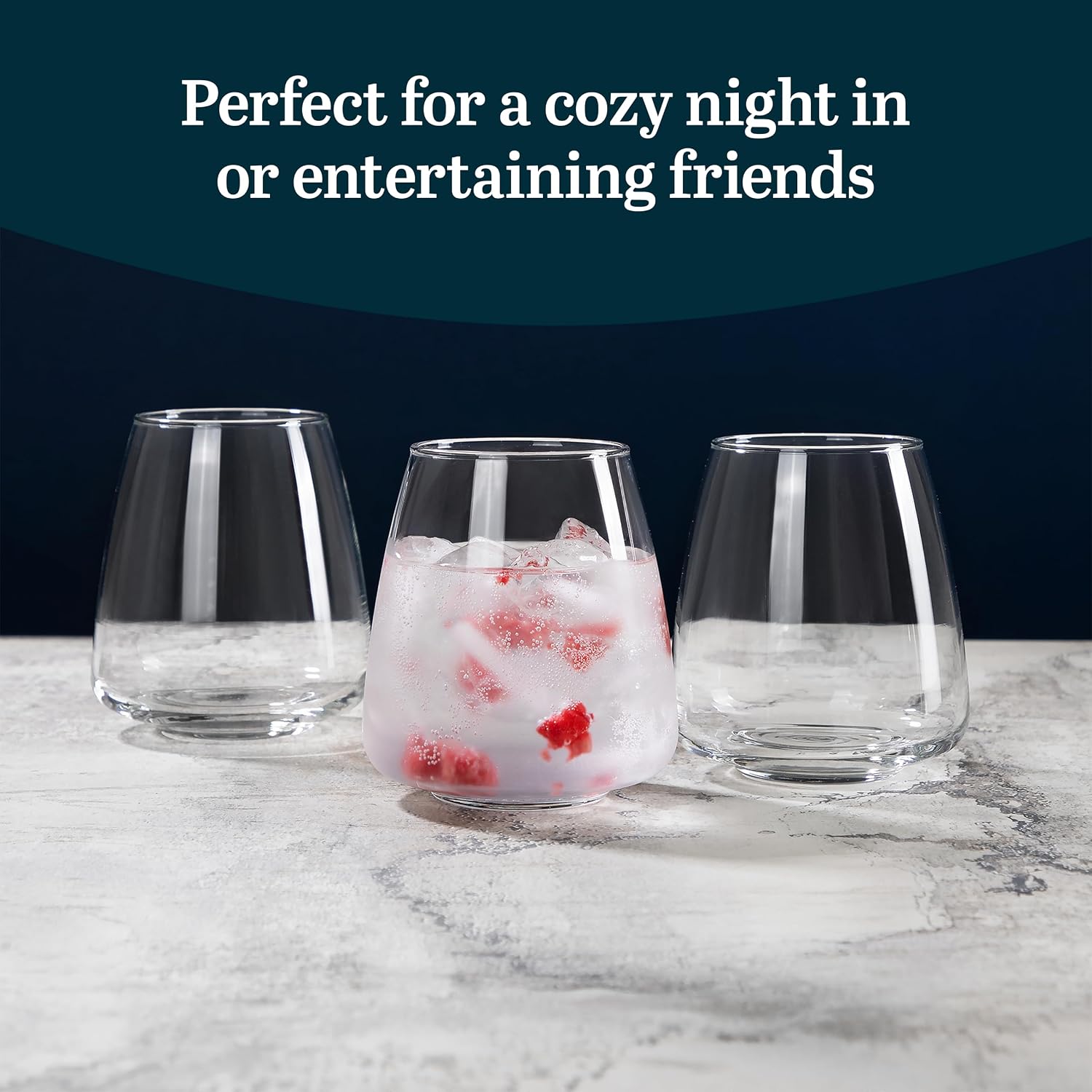Libbey Classic Blue All-Purpose Stemless Wine Glasses Set 6, Timeless Wine Cups Set of 6, 15.25 Oz, Wine Glass Set for Dinners, Weeknights
