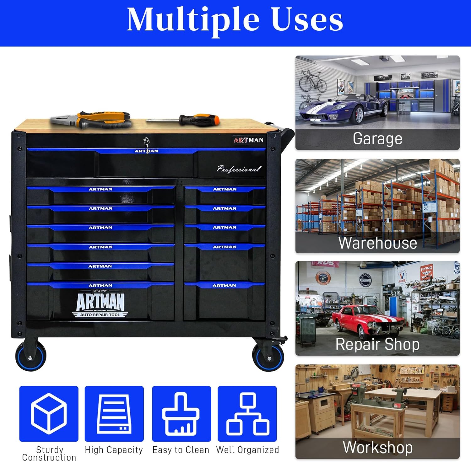 12-Drawer Rolling Tool Chest with Wood Top, Heavy Duty Cabinet | Heavy-duty metal tool chest with 12 drawers