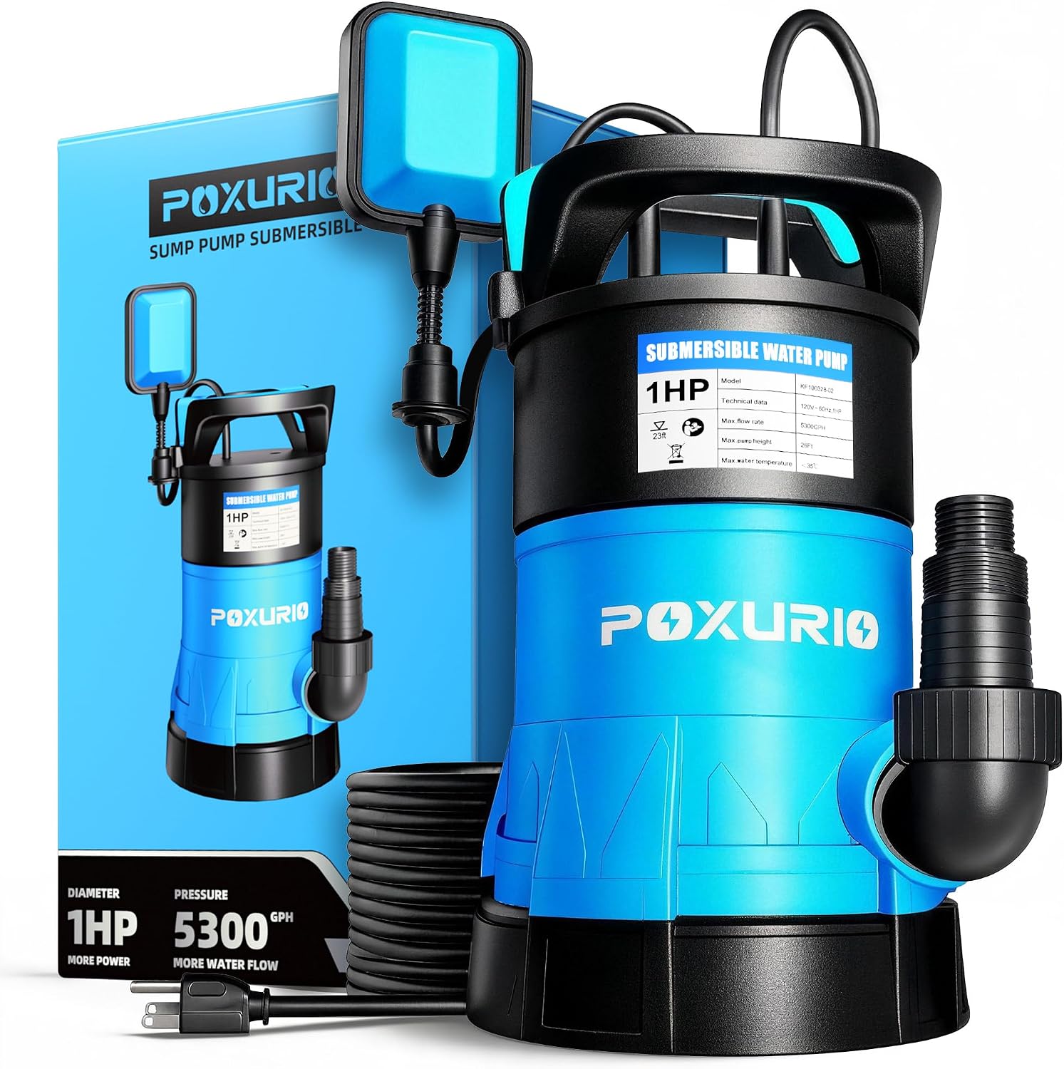 1HP Submersible Sump Pump, 5300GPH High Flow Dirty Clean Submersible Water Pump with Automatic Float Switch, 26FT Long Cord for Swimming Pool
