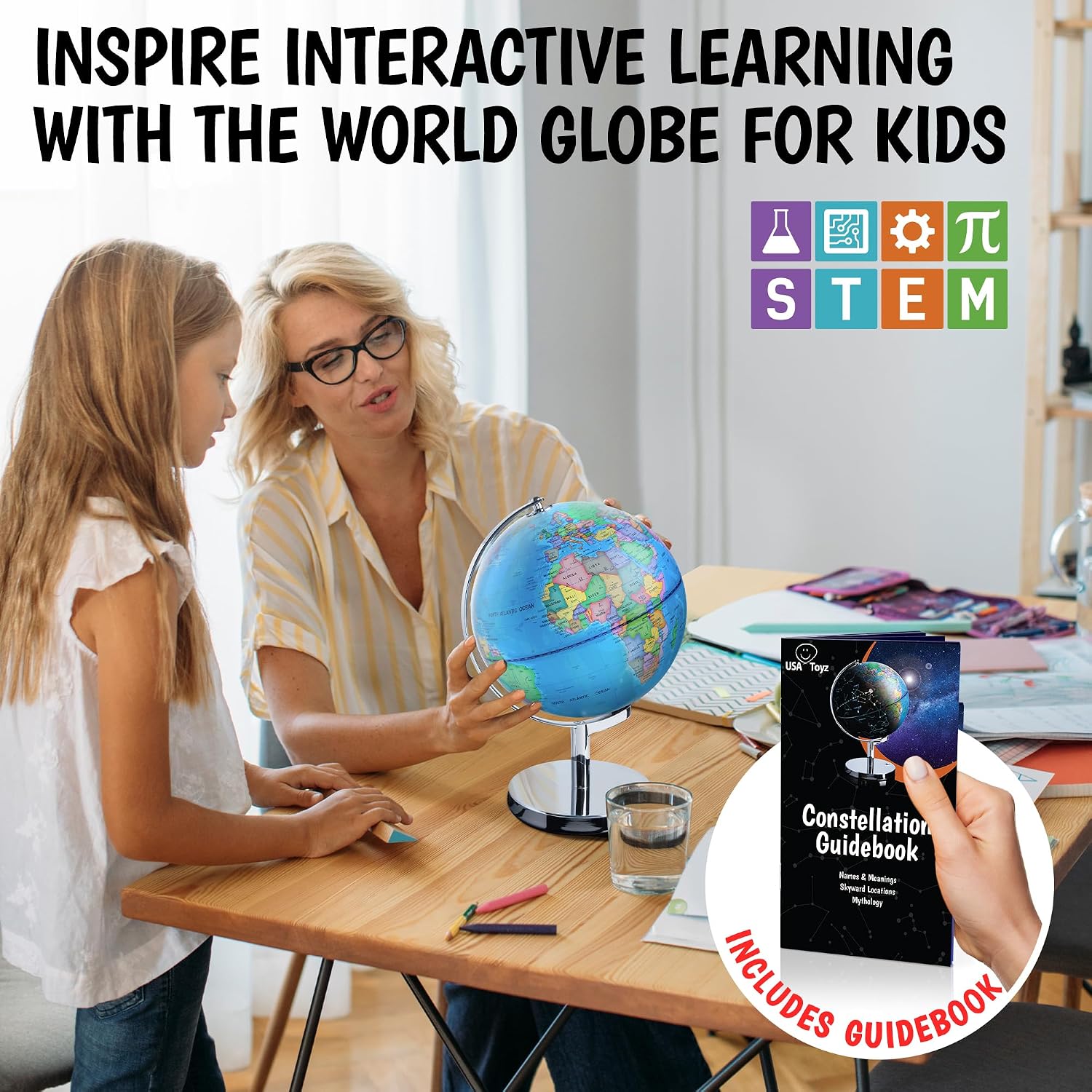 USA Toyz Illuminated World Globe with Stand - 3in1 STEM Globes for Adults and Kids, Constellation Map, Built-In LED Night Light Lamp, Easy to Read Texts, Non-Tip Base, 13.5 Inch Tall, 9 Inch Diameter