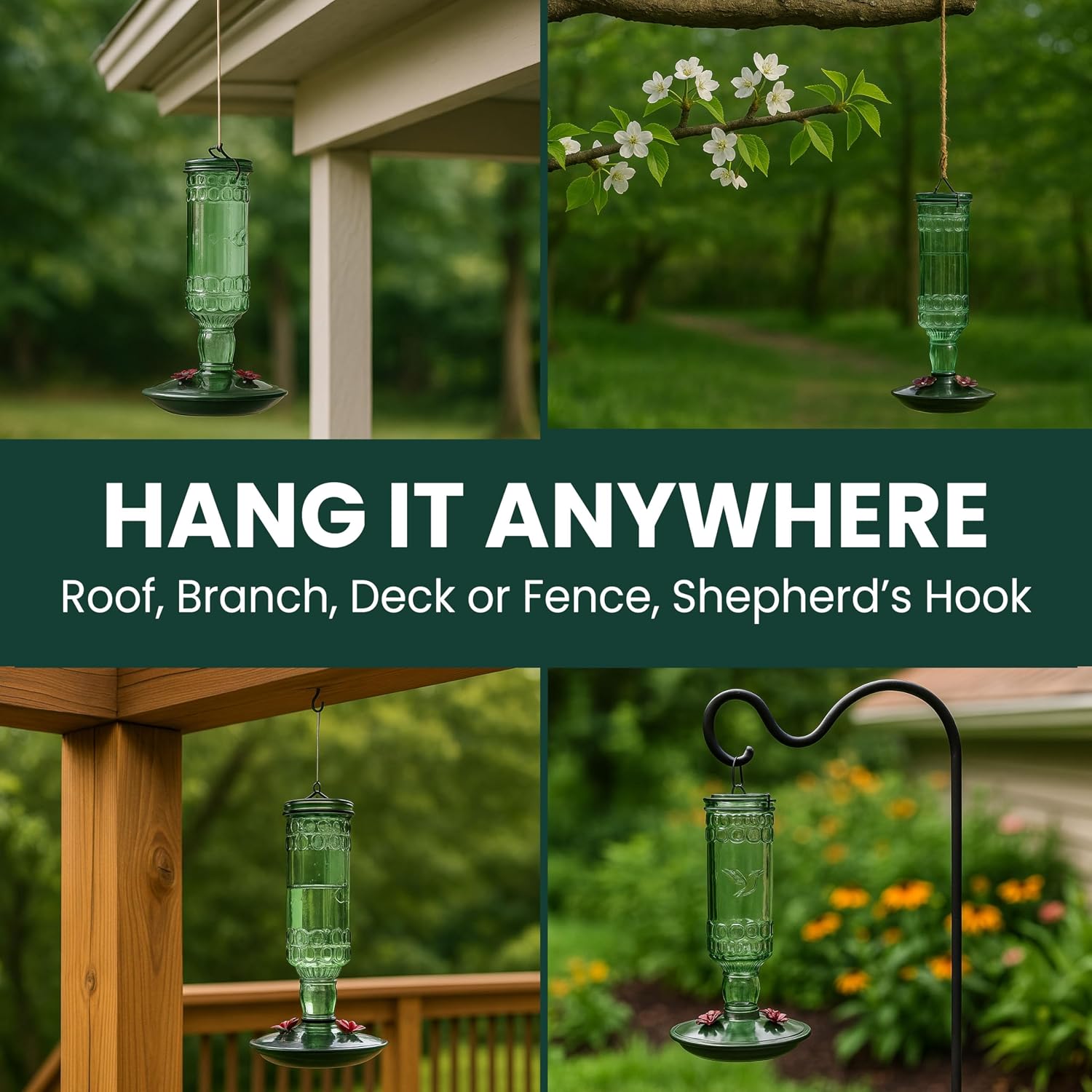 Perky-Pet Antique Glass Bottle Hummingbird Feeder, 10 oz Capacity, Green | 4 Feeding Ports for Outdoors Hanging Bird Feeders, Backyard Garden Décor