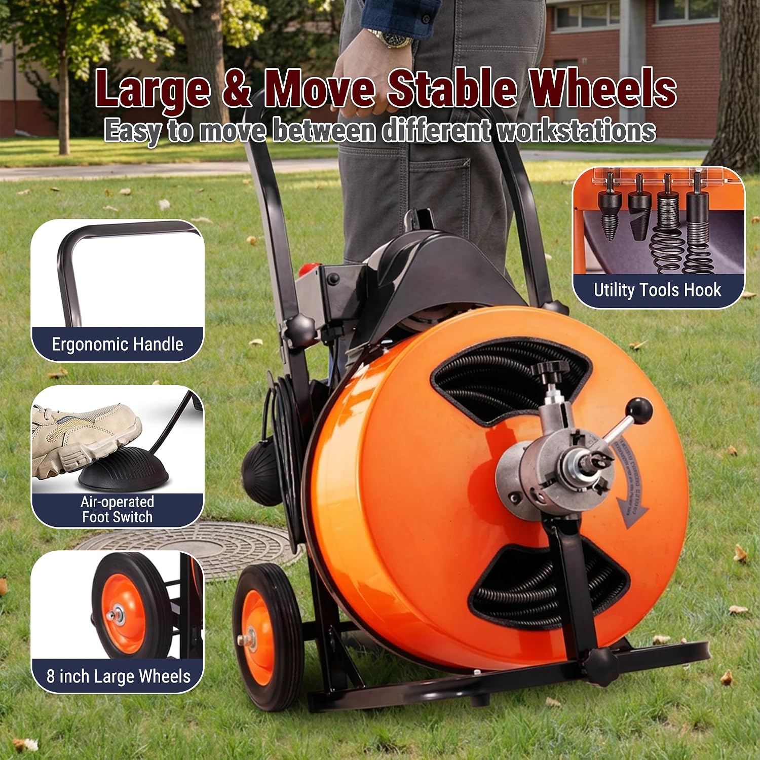 HoldwellS 50FT x 5/16 Inch Drain Cleaner Machine, Electric Drain Auger for 3/4"-3" Pipes, Sewer Snake Auger with 4 Cutters & Pneumatic Foot Switch