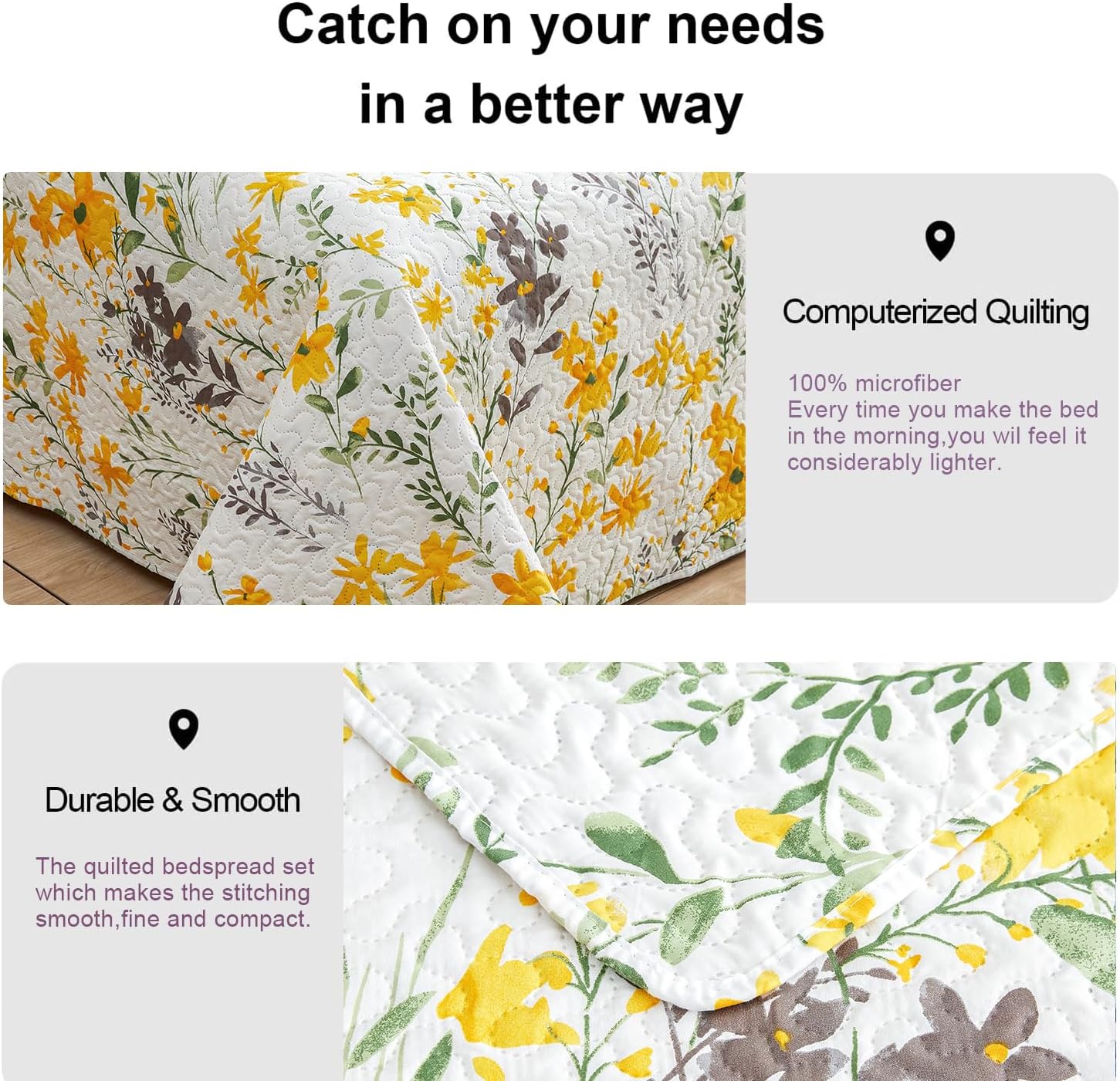 Ycosy Floral Quilt Set Full/Queen Size Reversible Flower Bedspread Queen Summer Lightweight Quilt Bedding Purple Floral Quilts Green Leaves Coverlet