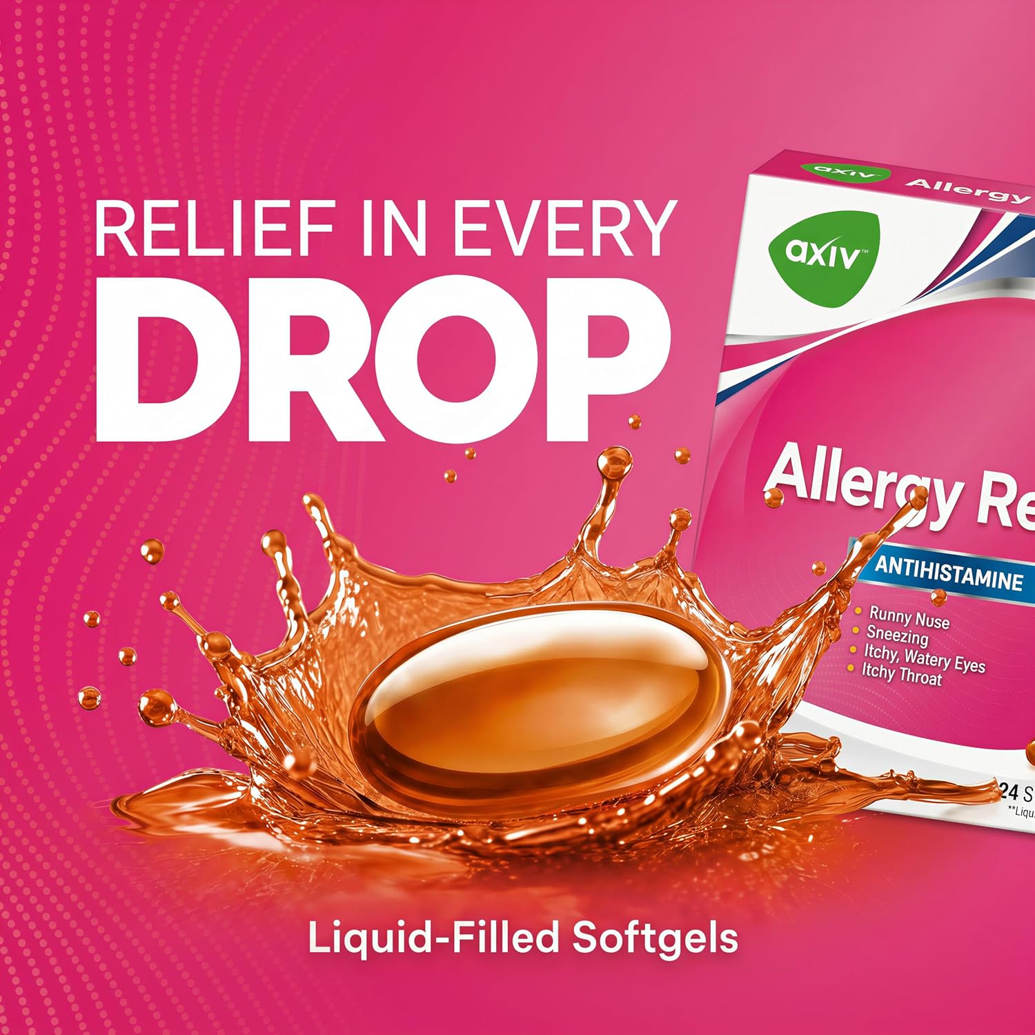 AXIV Allergy Relief Softgels, Antihistamine Medicine & Cold Symptom Relief, Dye-Free Liquid Gels, 25 mg Diphenhydramine HCl, Runny Nose, Sneezing, 24 Count (24 Softgels)