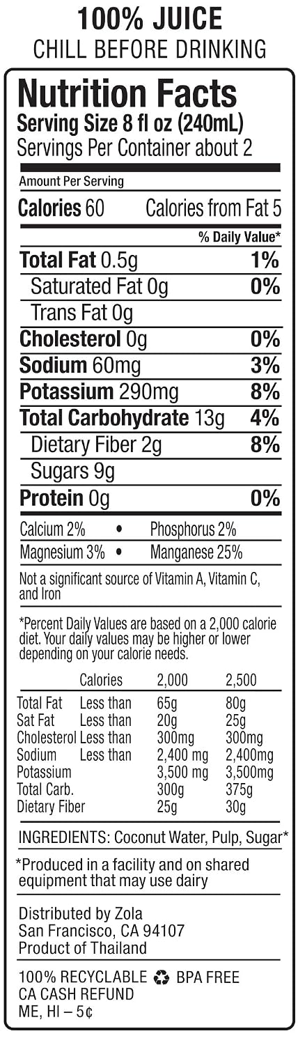 Zola 100% Pure Coconut Water, 17.5 Fl Oz (Pack of 12)