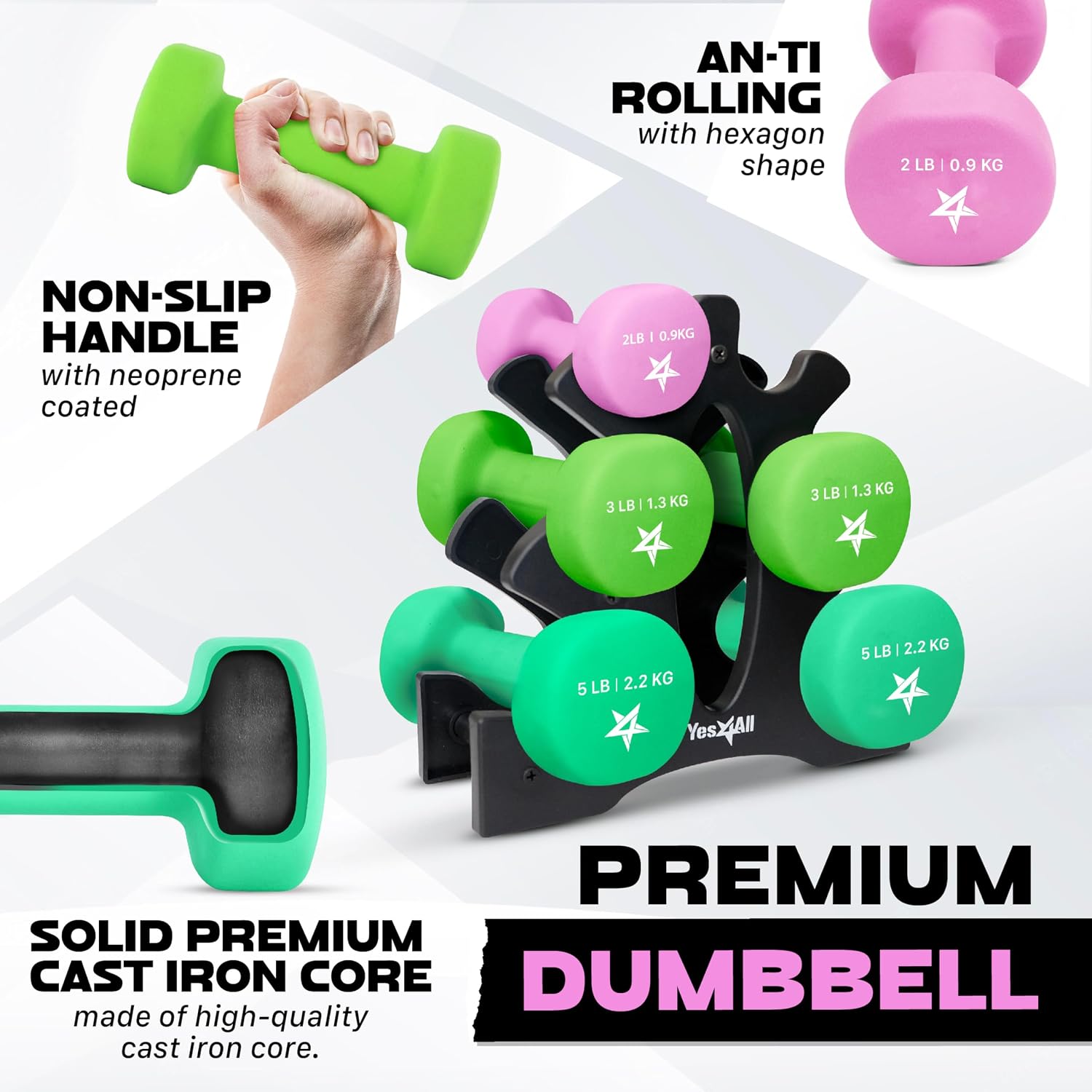 Yes4All Neoprene Coated Dumbbell Hand Weight Sets of 2 - Multiple Weight Options with 15 Colors, Anti-roll, Anti-Slip, Hexagon Shape