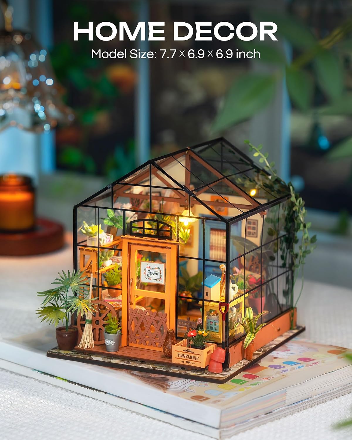 Rolife Greenhouse DIY Miniature Dollhouse Kit Creative Gift for Adults | 1:18 Scale Cathy's Flower House with LED Light, Wooden 3D Puzzle Model Kit