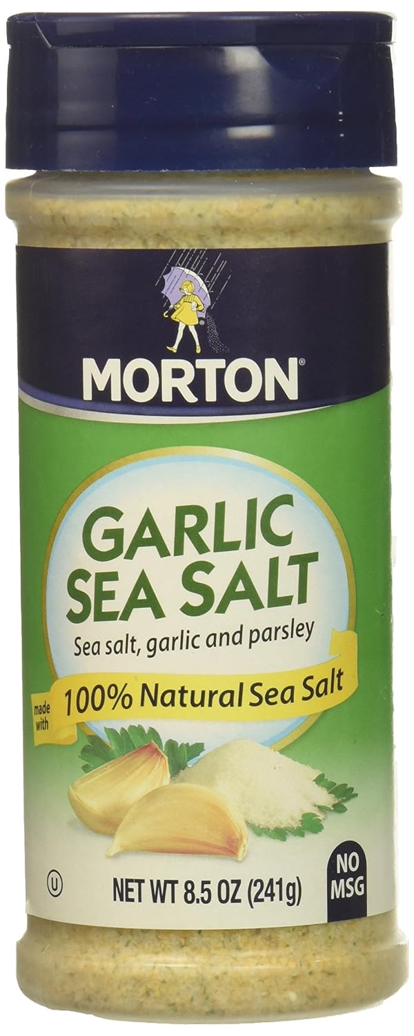 Morton Garlic Sea Salt, Seasoning Blend, 8.5 oz, 1 Pack | with ground garlic and parsley, no MSG, multi-pack shaker for spice rack, grilling seasoning