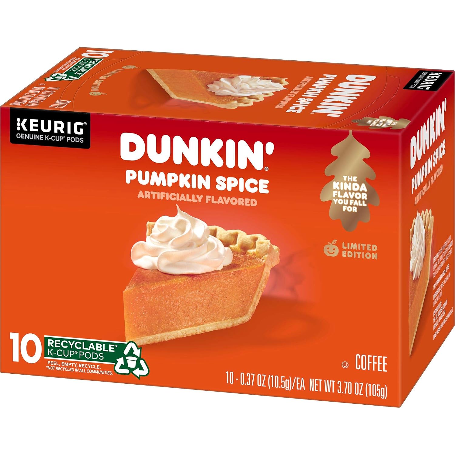 Dunkin’ Pumpkin Spice Artificially Flavored Coffee, 10 Keurig K-Cup Pods | Limited edition fall flavor, Notes of cinnamon & nutmeg sweetness