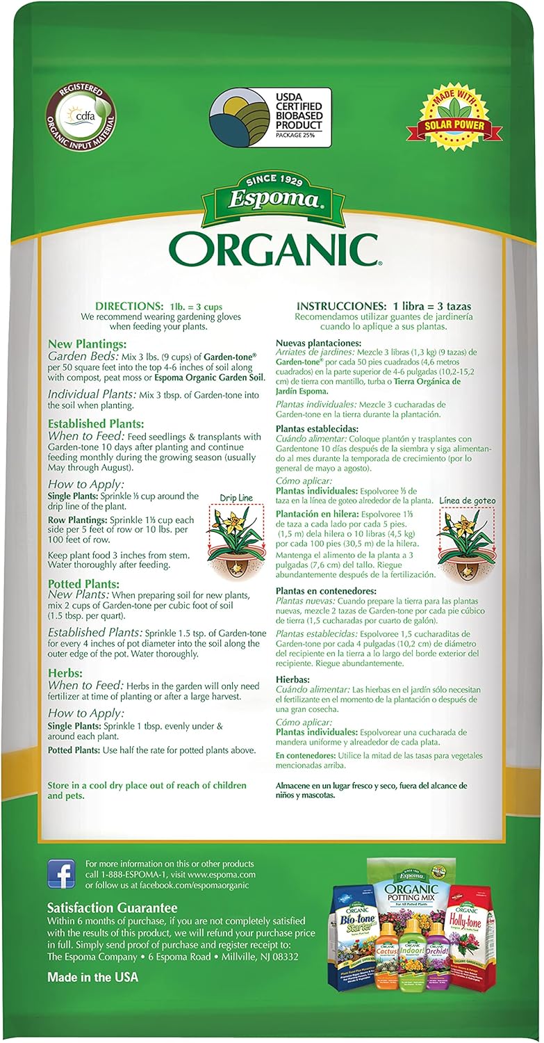Espoma Organic Garden-Tone 3-4-4 Organic Fertilizer for Cool & Warm Season Vegetables and Herbs. Grow an Abundant Harvest of Nutritious and