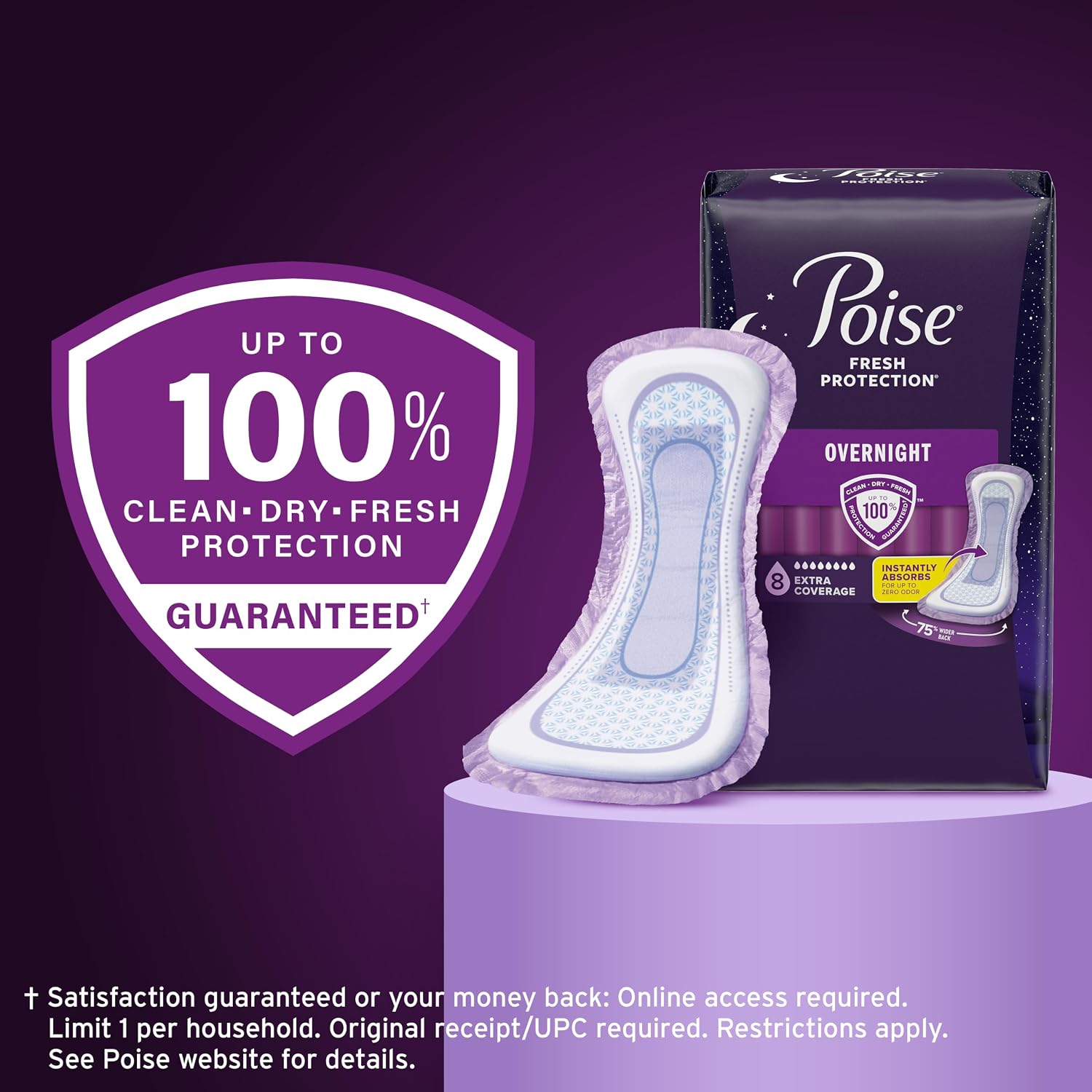 Poise Overnight Incontinence & Postpartum Pads for Bladder Leaks, 8 Drop Extra Coverage, 72 Count (2 Packs of 36), Packaging May Vary
