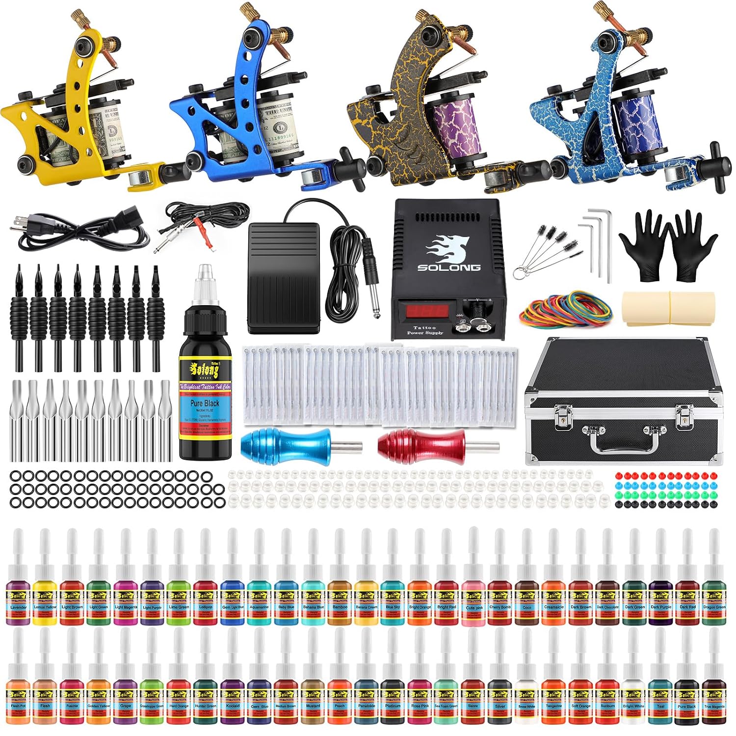 Solong Complete Tattoo Kit 4 Pro Machine Guns 54 Inks Power Supply Foot Pedal Needles Grips Tips Carry Case TK456-US（Machine color random）
