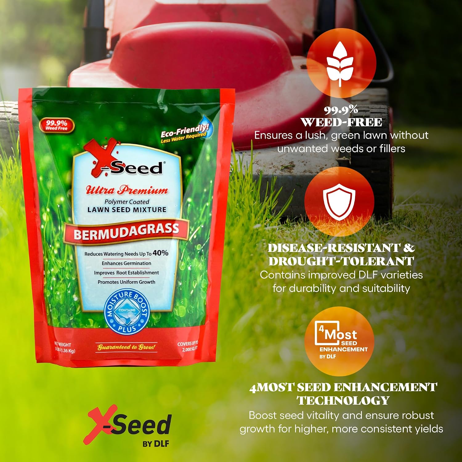 X-Seed Moisture Boost Plus Bermuda Grass Seed for Lawn, Grows Thick in Full Sunlight, Drought & Heat Tolerant, Uses Less Water Than Other Grasses